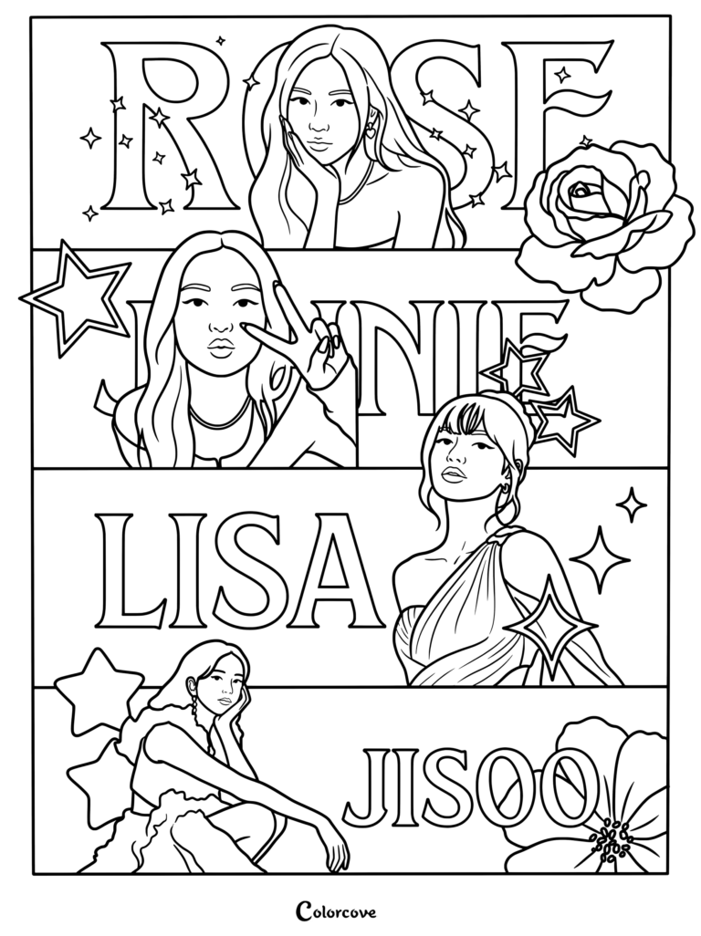 Coloriage des membres de Blackpink mettant en scène Rosé, Jennie, Lisa et Jisoo dans des cases séparées avec leurs noms et des motifs floraux.