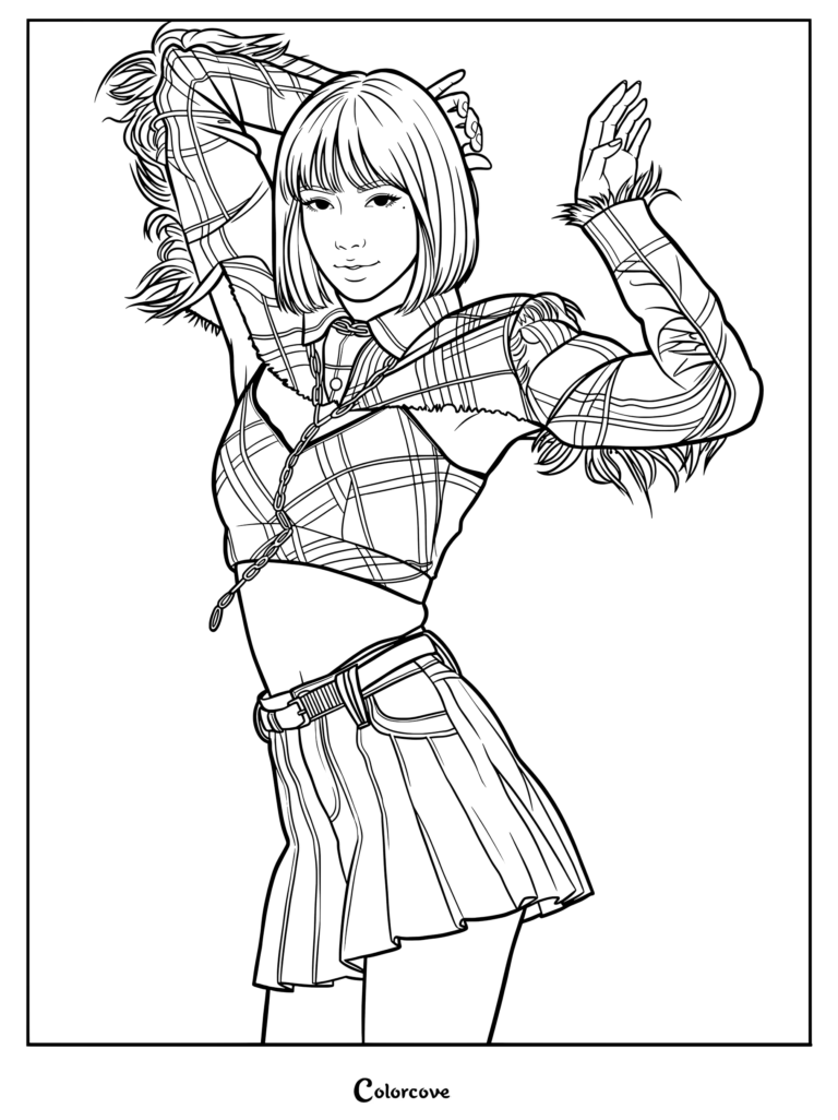 Coloriage de Lalisa, membre de Blackpink, portant un crop top à carreaux et une jupe plissée, bras levés