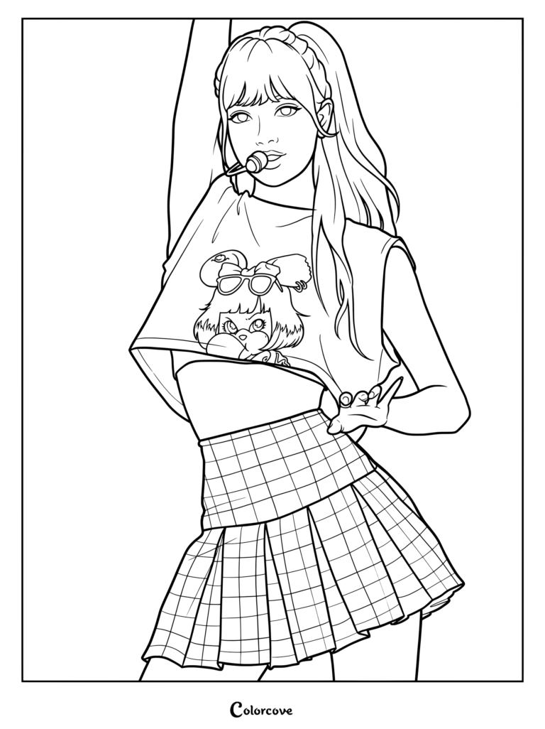 Coloriage de Lalisa de Blackpink portant un crop top imprimé et une jupe à carreaux