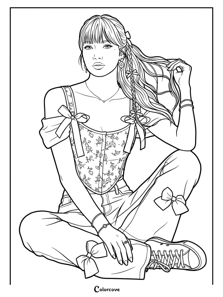 Coloriage de Lisa de Blackpink assise, portant un corset floral et des nœuds
