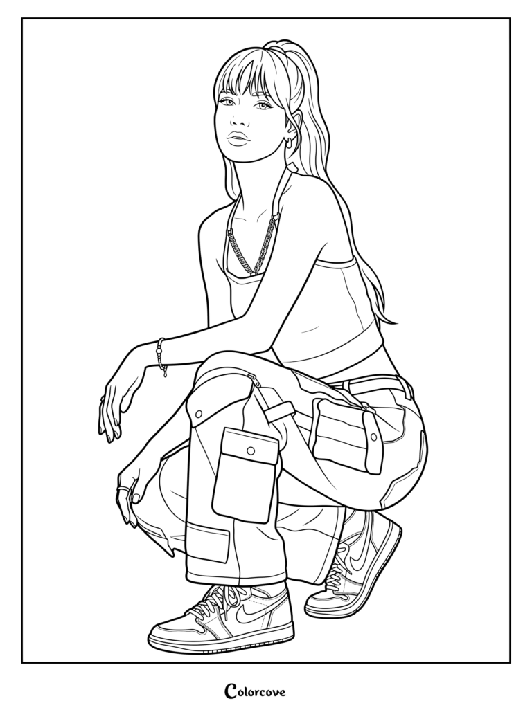 Coloriage line art de Lisa, membre de Blackpink, accroupie en pantalon cargo et baskets