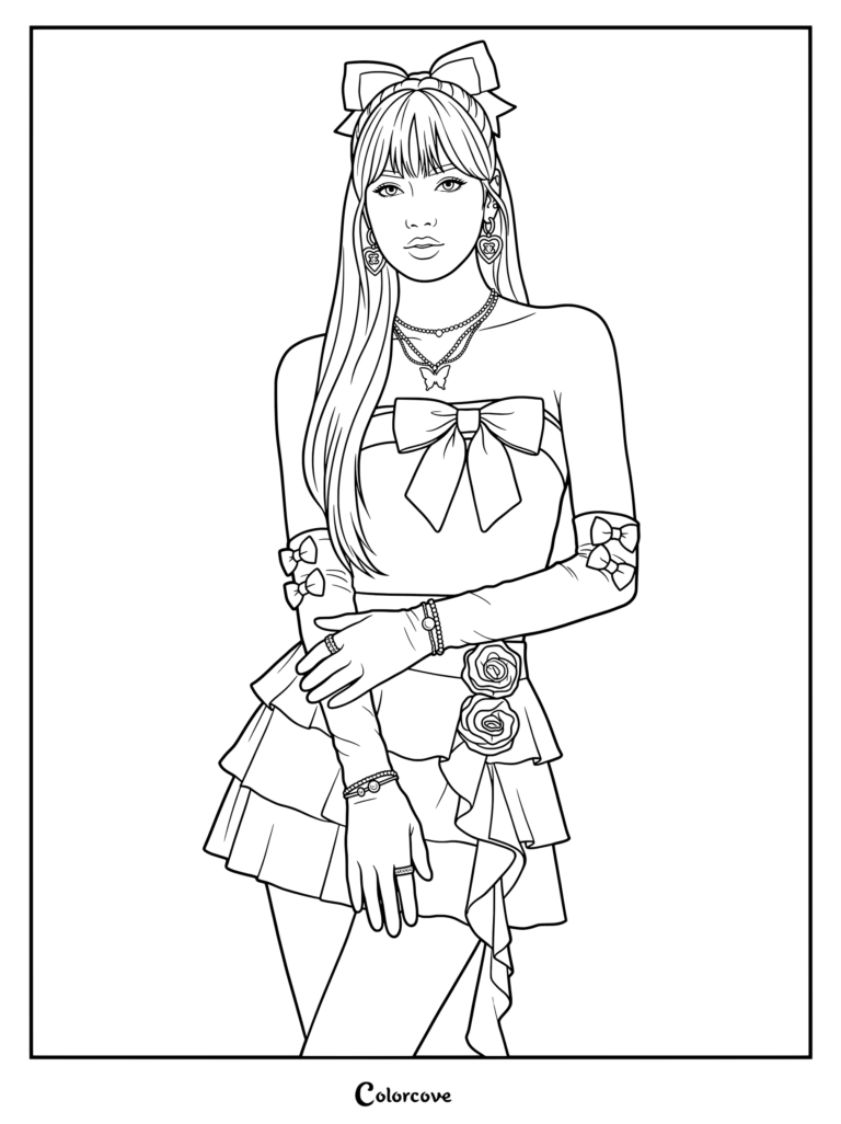 Coloriage à imprimer de Lisa de Blackpink portant une robe ornée de nœuds et des accessoires