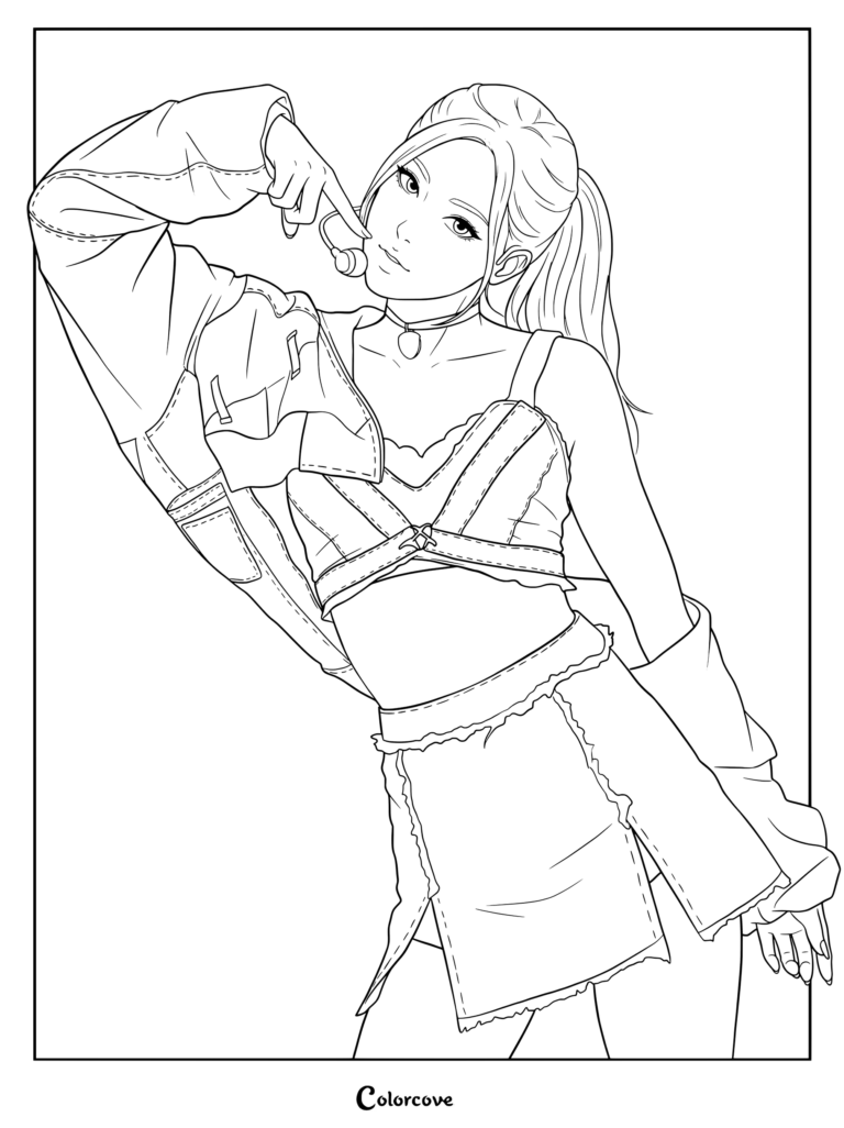 Coloriage line art détaillé de Rosé, membre de Blackpink, posant avec une tenue tendance et un micro-casque.