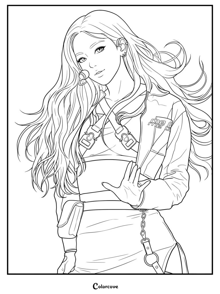 Coloriage de Rosé de Blackpink avec de longs cheveux détachés et une tenue de scène élégante à lanières
