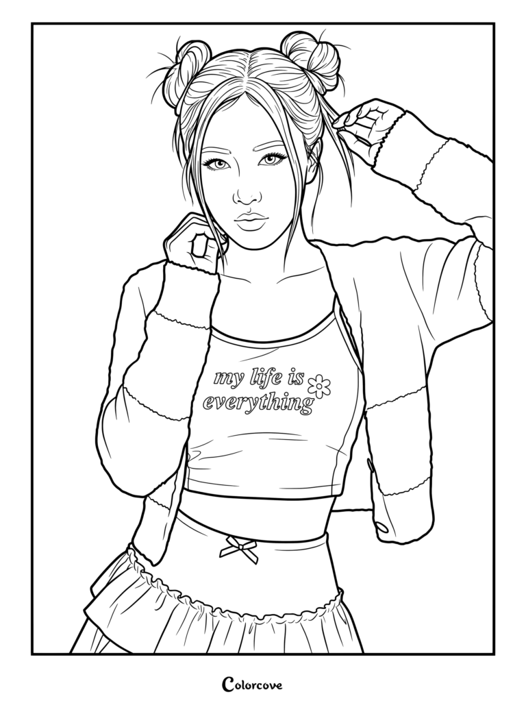 Coloriage à imprimer de Rosé de Blackpink avec deux chignons et un haut indiquant « my life is everything »