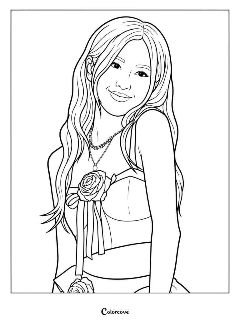Coloriage de Rosé portant un crop top noir orné de roses roses et de rubans lors d'un concert