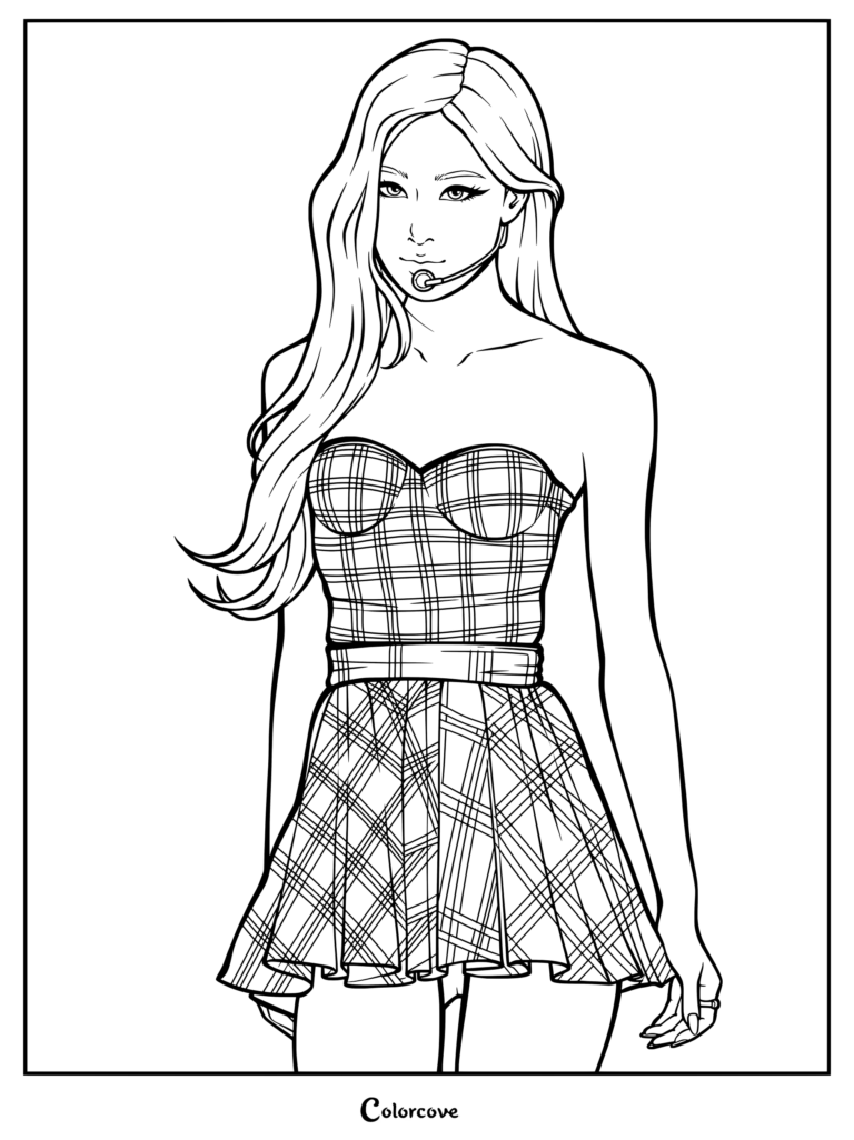 Coloriage détaillé en line art de Rosé, membre de Blackpink, portant une tenue à carreaux et un micro-casque