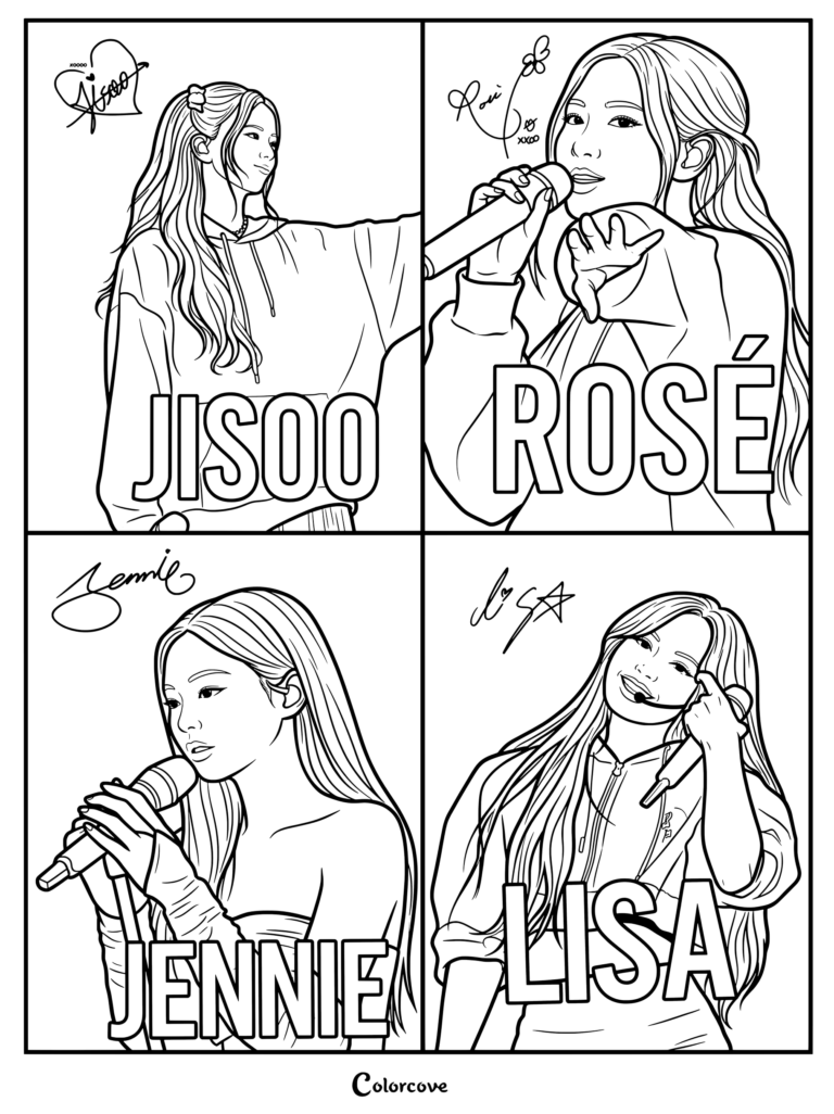 Coloriage en quatre cases des membres de Blackpink, Jisoo, Rosé, Jennie et Lisa, avec leurs signatures et leurs noms en grand