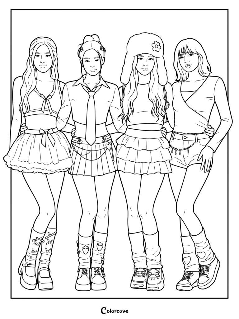 Les membres du groupe mondial de K-pop Blackpink portent des tenues pastel rose doux et blanc dans ce coloriage au style conceptuel féerique