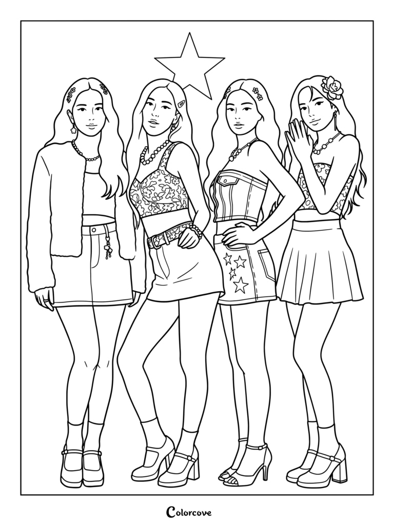 Coloriage des membres de Blackpink posant sur un fond rose vif