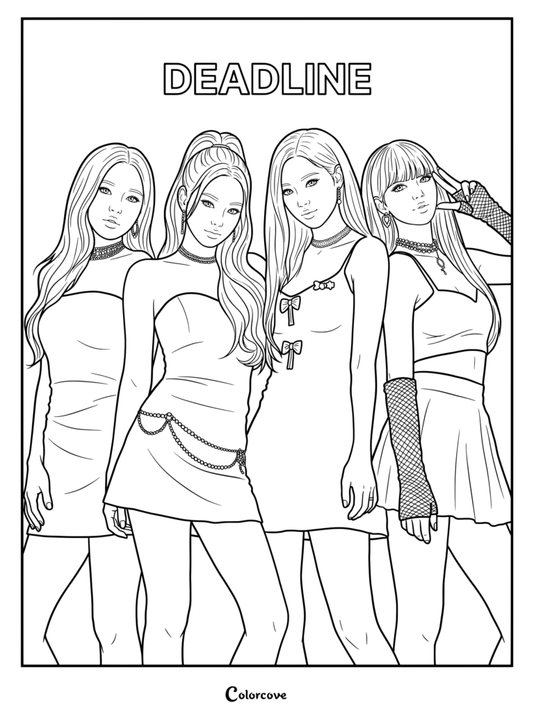 Coloriage en line art du groupe Blackpink basé sur le poster teaser version DEADLINE présentant les membres