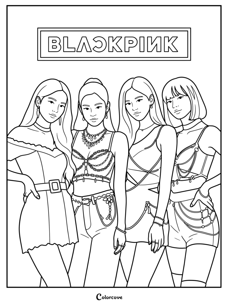 Coloriage montrant le groupe féminin de K-pop sud-coréen mondialement célèbre BLACKPINK posant ensemble sur un fond rose
