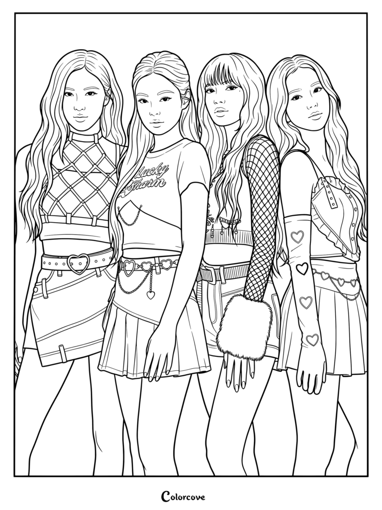 Coloriage des membres de Blackpink, Rosé, Jennie, Lisa et Jisoo, réunies dans des tenues tendance