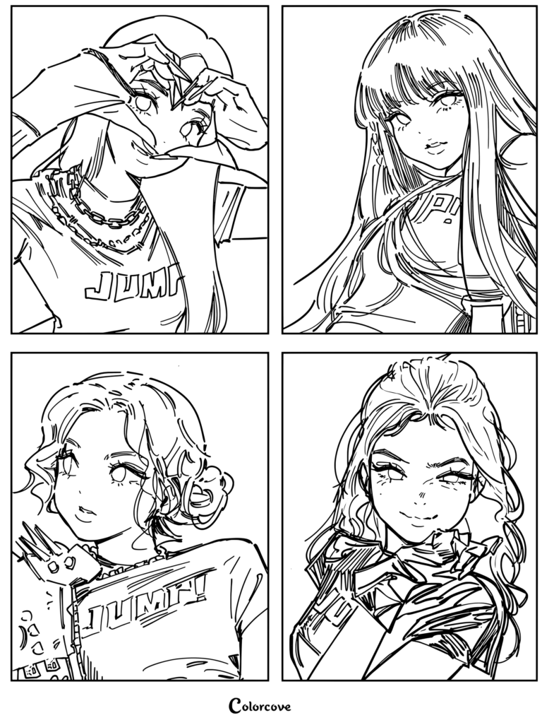 Coloriage en collage des membres de Blackpink montrant quatre cases avec Jisoo, Jennie, Rosé et Lisa dans d'élégantes tenues