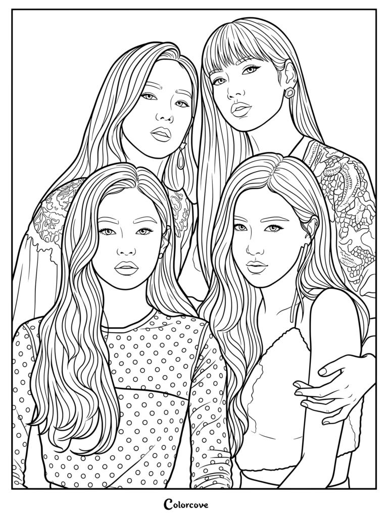 Coloriage en line art du portrait de groupe des membres de Blackpink : Jisoo, Jennie, Rosé et Lisa