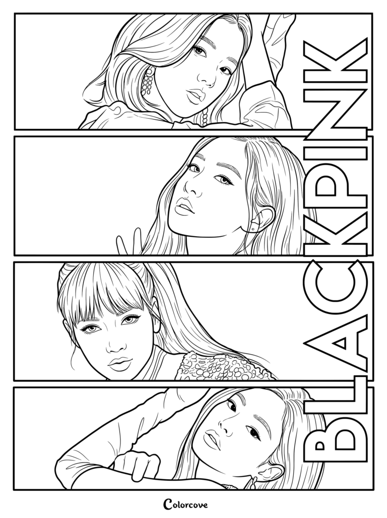 Coloriage des membres de Blackpink proposant les portraits de Jisoo, Rosé, Lisa et Jennie dans quatre cadres horizontaux distincts.