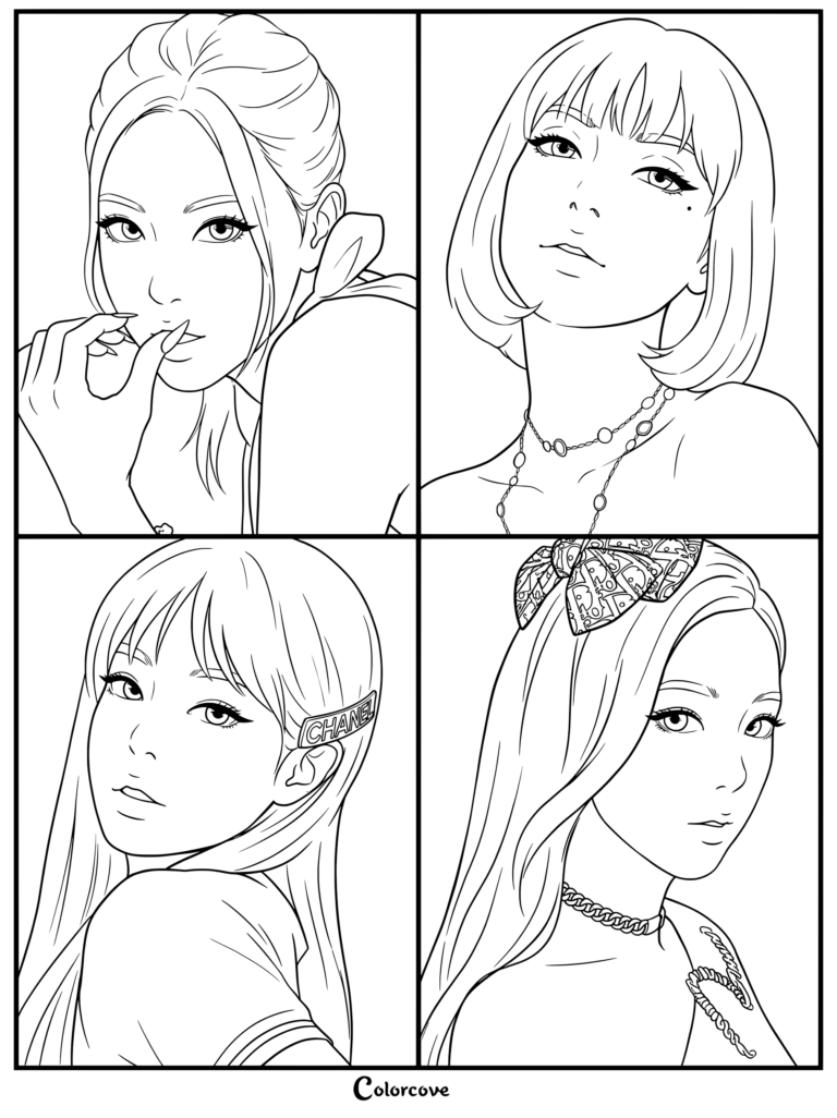 Coloriage des portraits des membres de Blackpink présentant Jennie, Lisa, Jisoo et Rosé dans une grille en line art de quatre cases