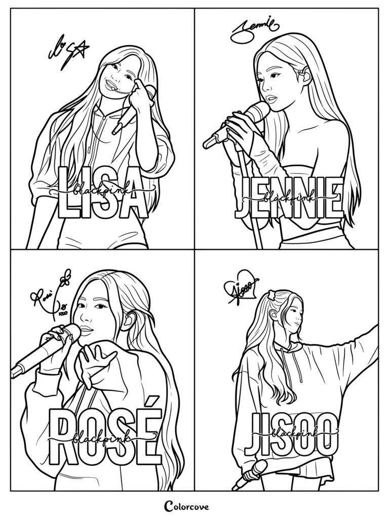 Coloriage en quatre cases représentant les membres de Blackpink, Lisa, Jennie, Rosé et Jisoo, sur scène