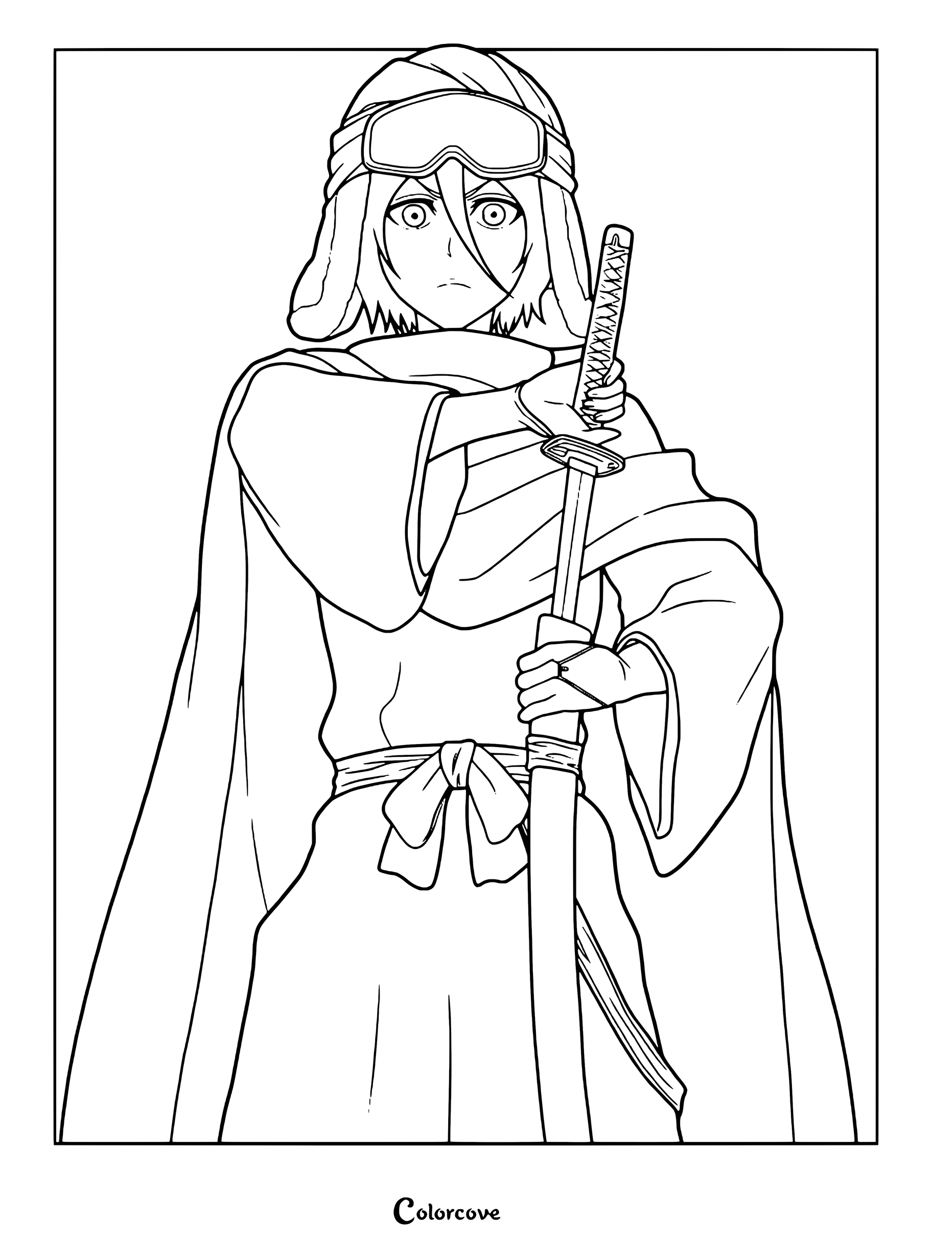 Dibujo para colorear de Rukia Kuchiki de Bleach vistiendo ropa de invierno y gafas protectoras mientras sostiene una espada.