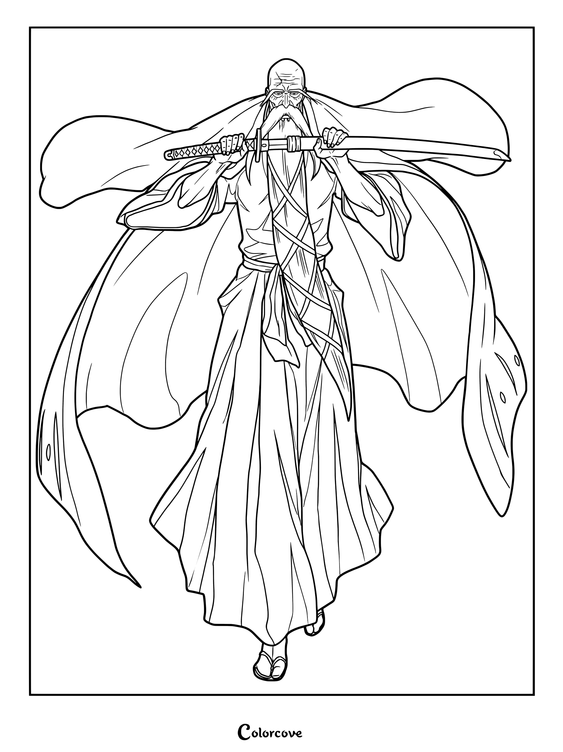 Dibujo para colorear de Genryūsai Shigekuni Yamamoto, capitán del Escuadrón 1 en Bleach, sosteniendo su espada