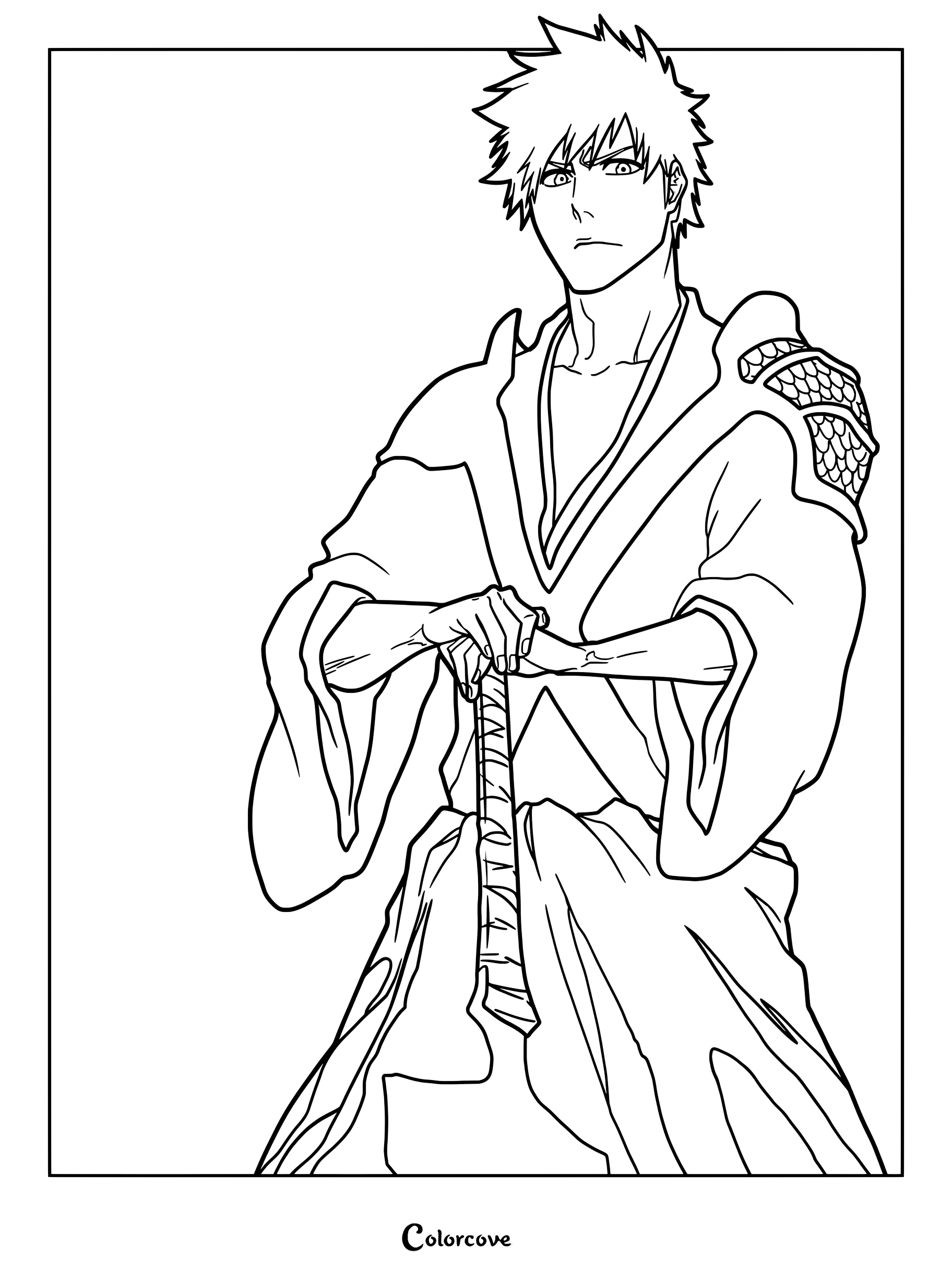 Dibujo para colorear de Bleach con Ichigo Kurosaki con pelo naranja brillante y atuendo negro de Shinigami.