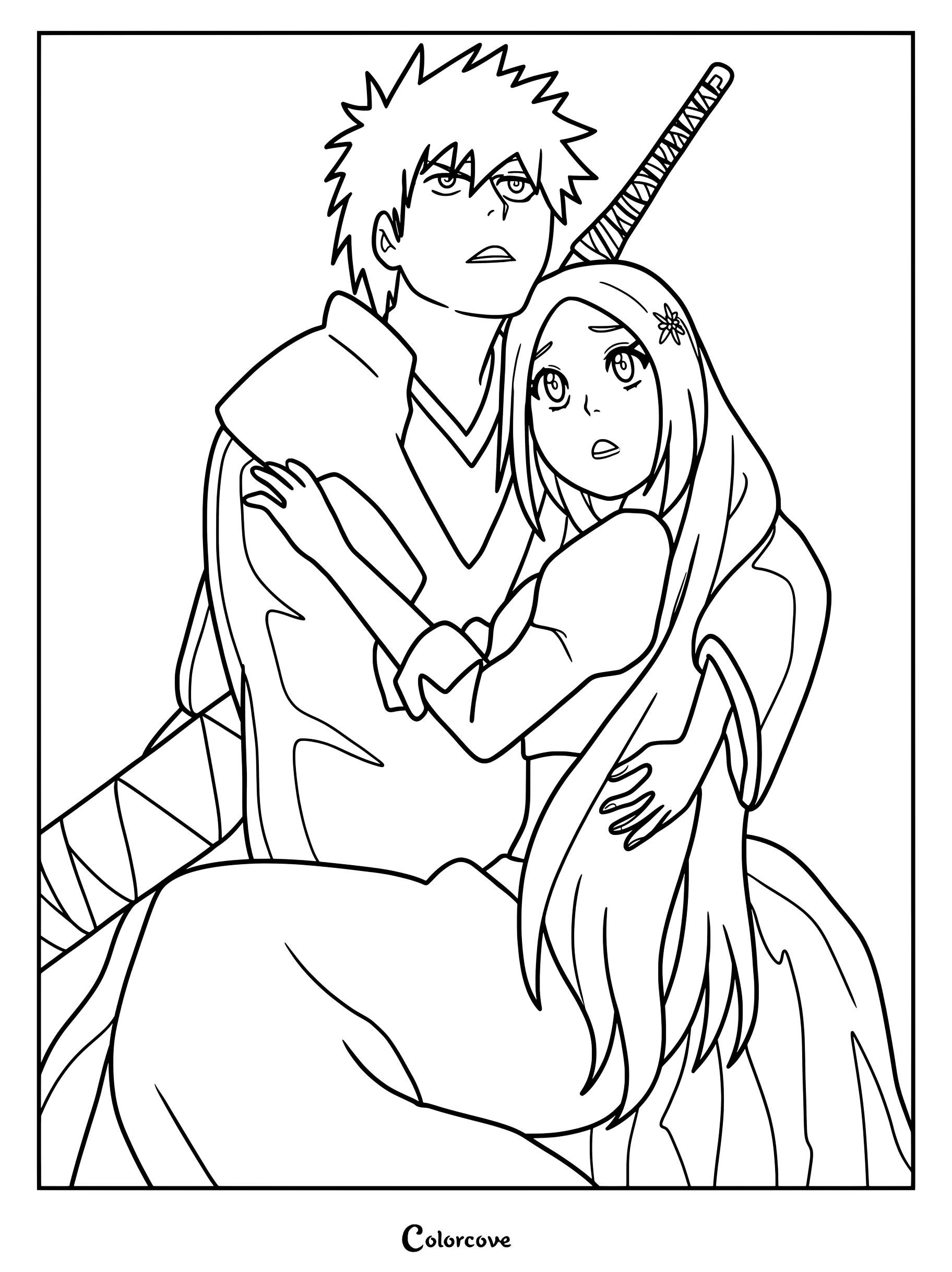 Dibujo para colorear de Bleach con Ichigo Kurosaki sosteniendo a Orihime Inoue en un abrazo protector
