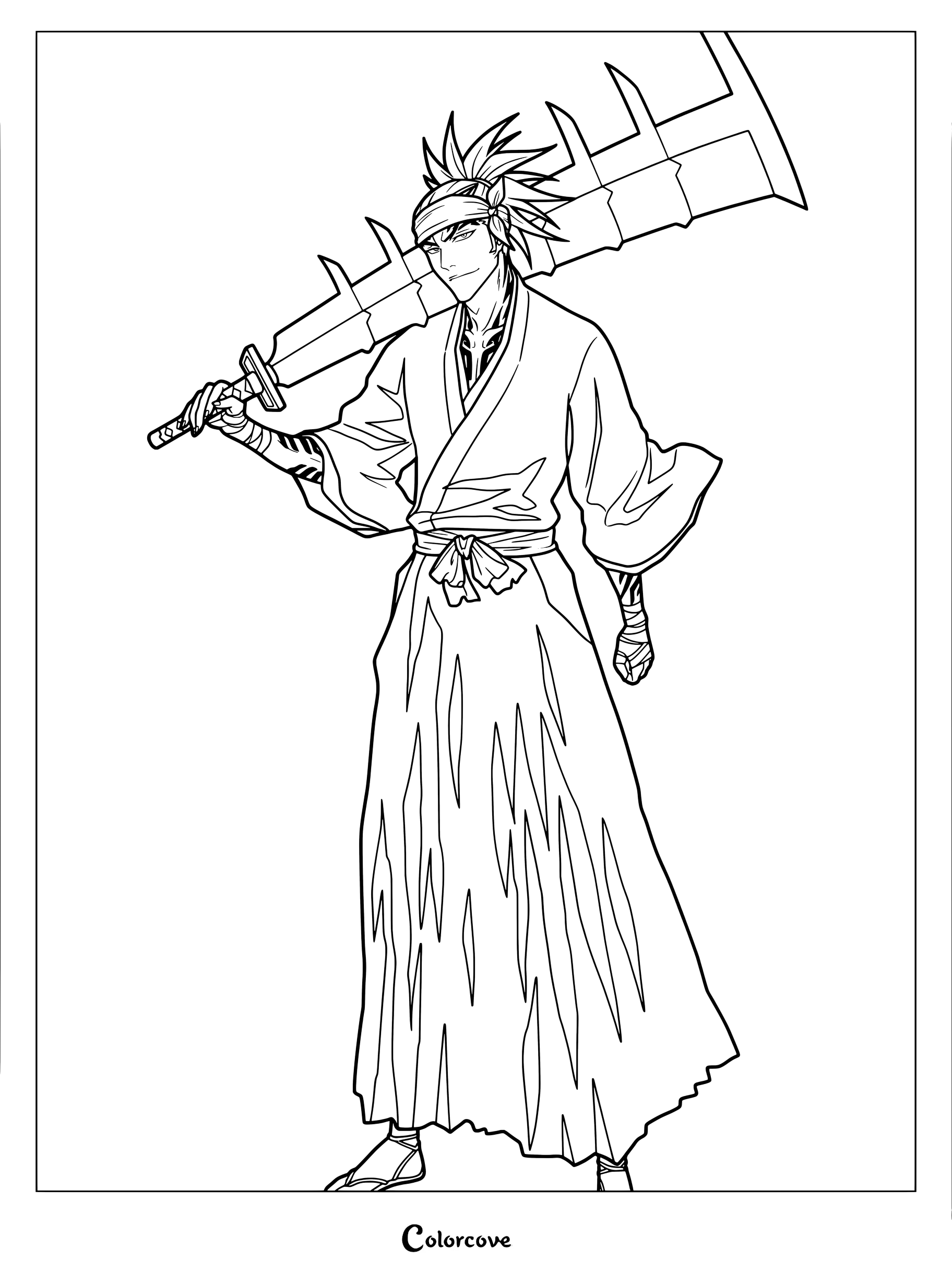 Dibujo para colorear de Bleach con Renji Abarai sosteniendo su Zanpakutō Zabimaru sobre el hombro