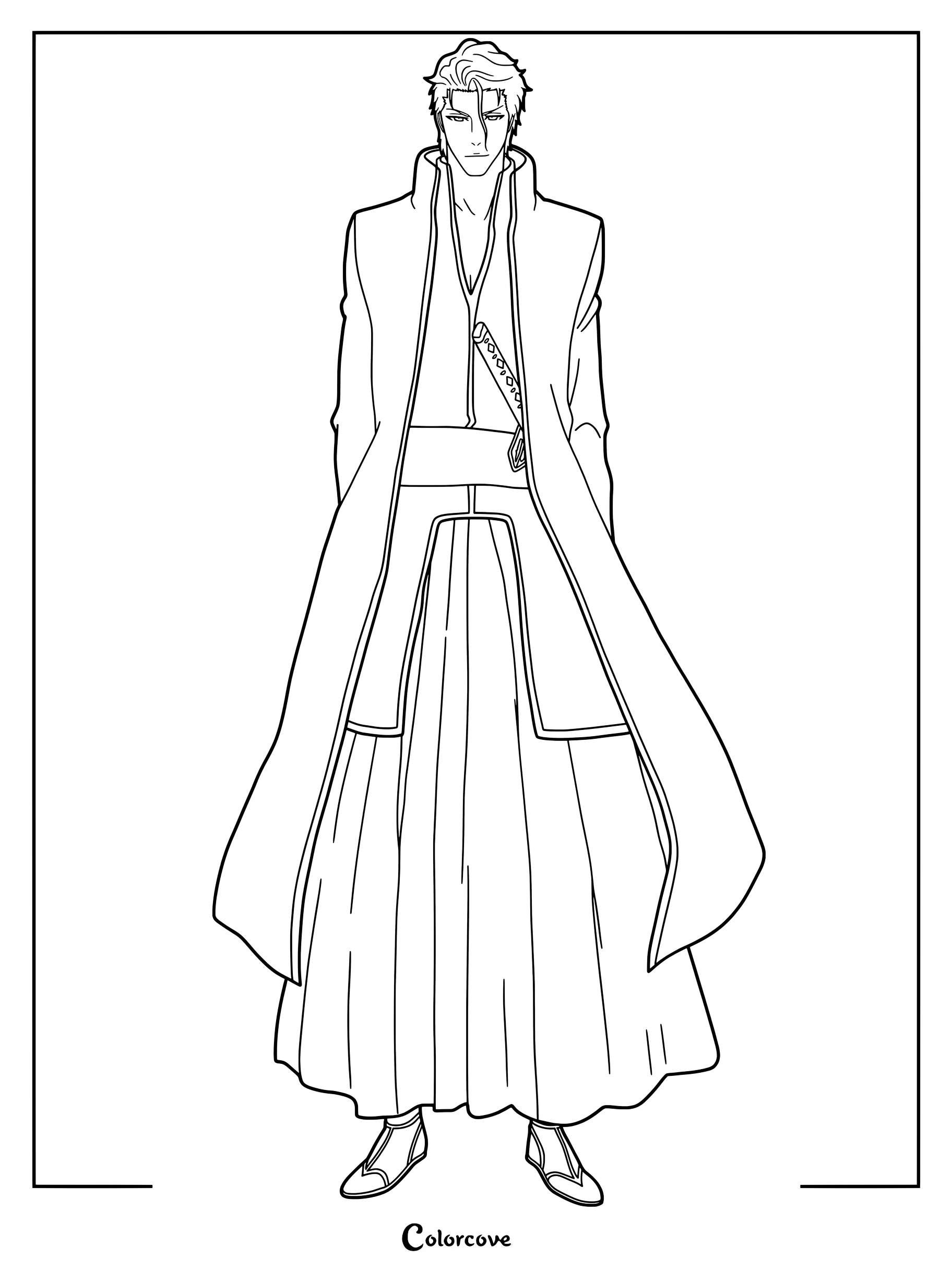 Dibujo para colorear imprimible de Sōsuke Aizen de Bleach con su abrigo blanco estilo capitán y faja rosa.