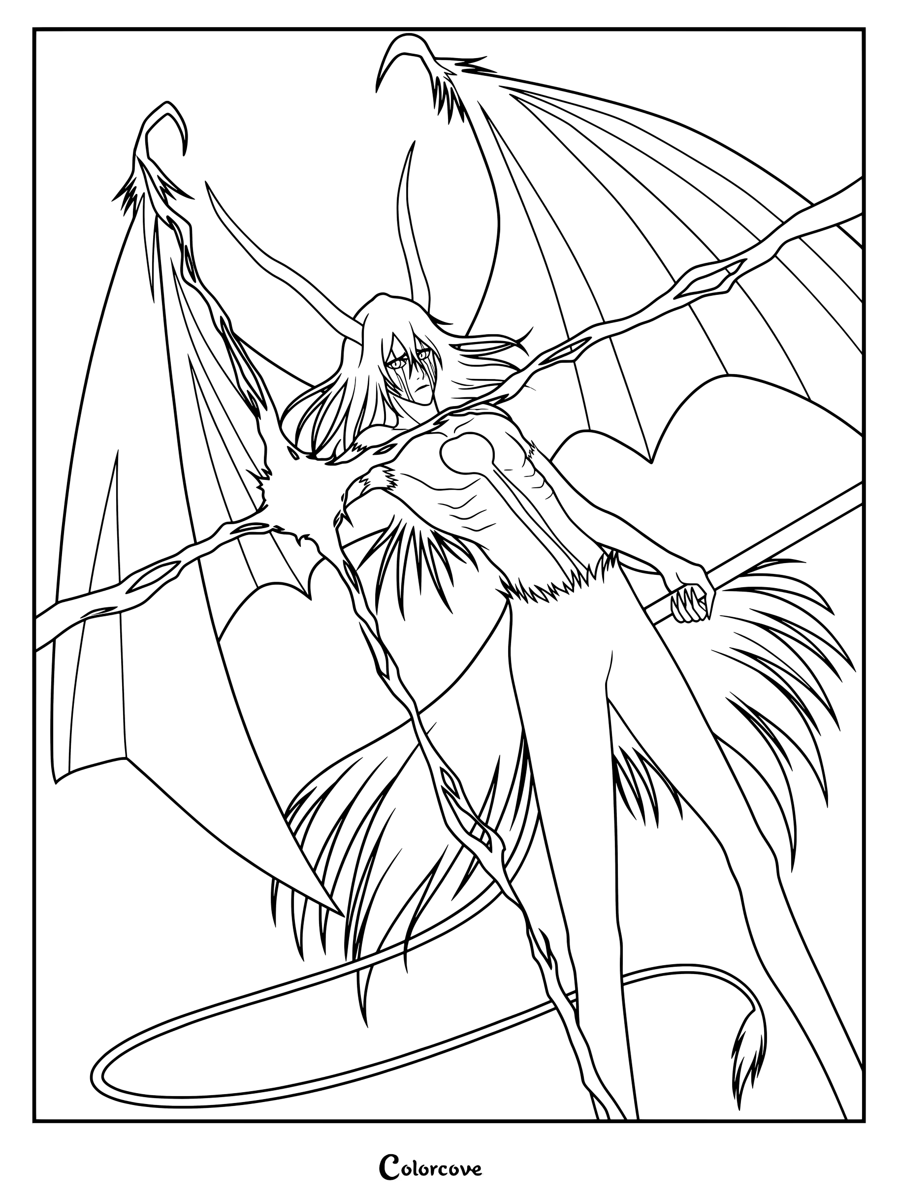 Dibujo para colorear de Ulquiorra Cifer de Bleach en su forma de Resurrección Segunda Etapa.