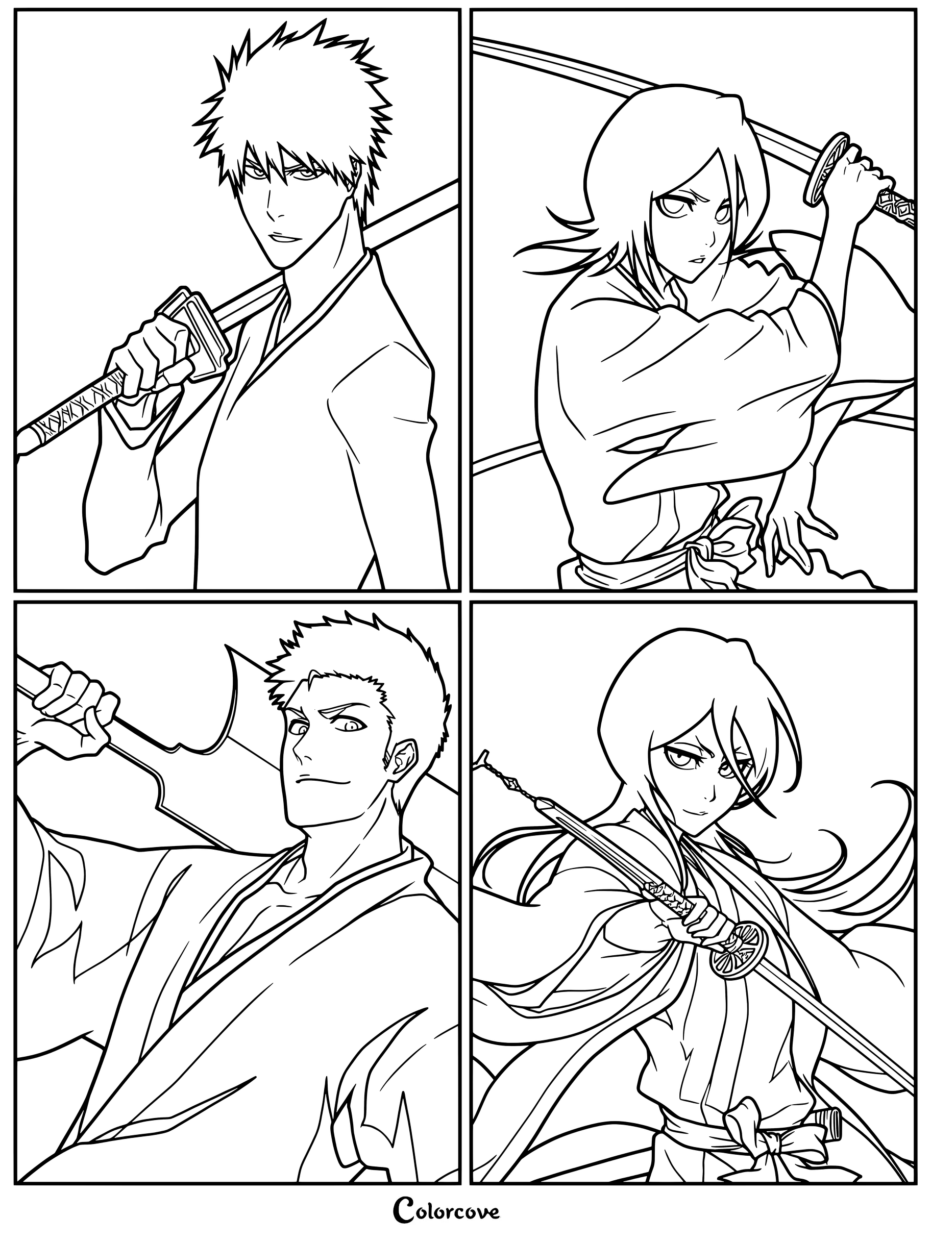 Dibujo para colorear e imprimir que compara los primeros y posteriores diseños de Ichigo Kurosaki y Rukia Kuchiki de la serie de anime y manga Bleach.