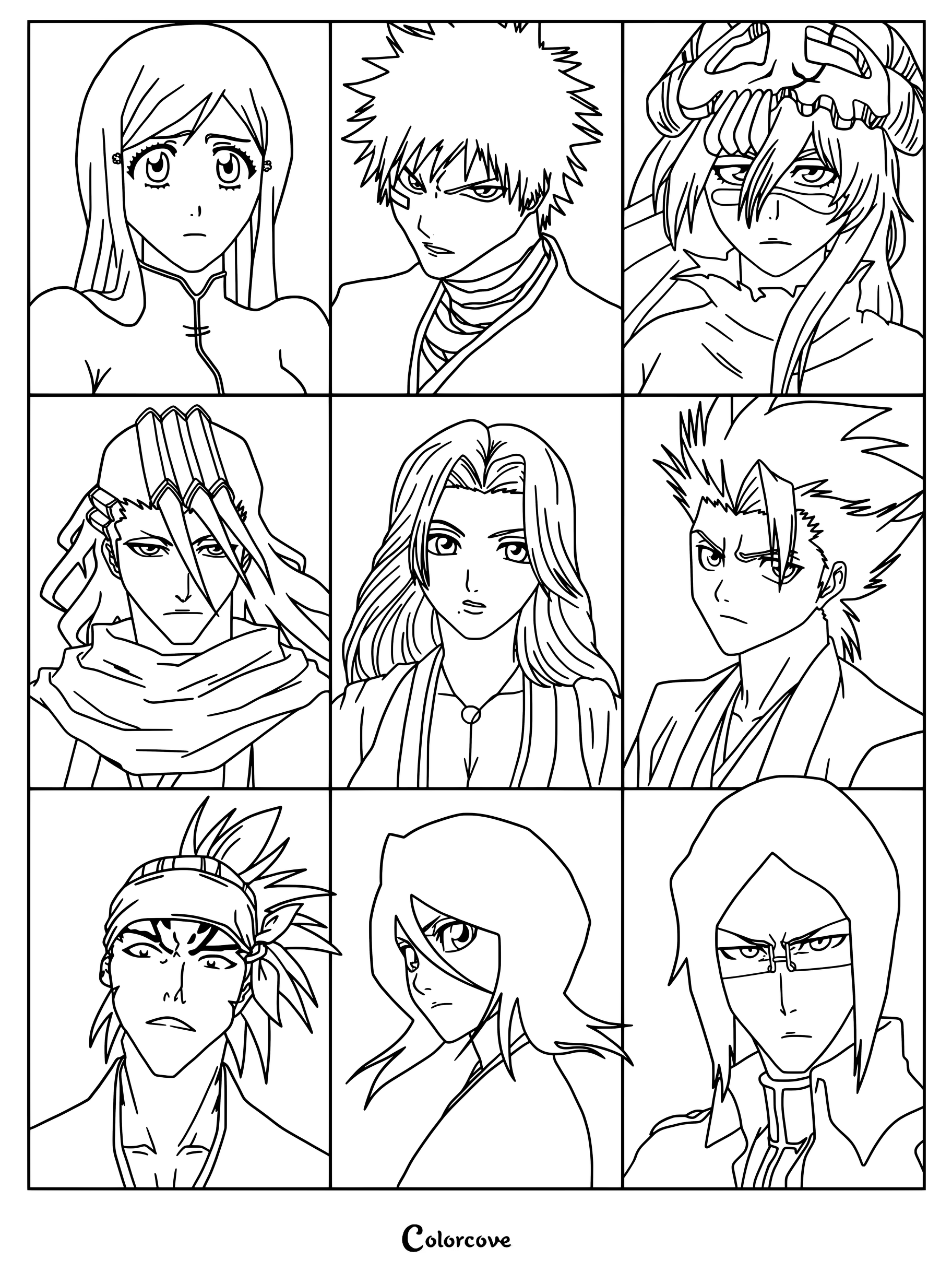 Página para colorear de Bleach que muestra una colección de retratos de personajes del anime y la serie de manga.
