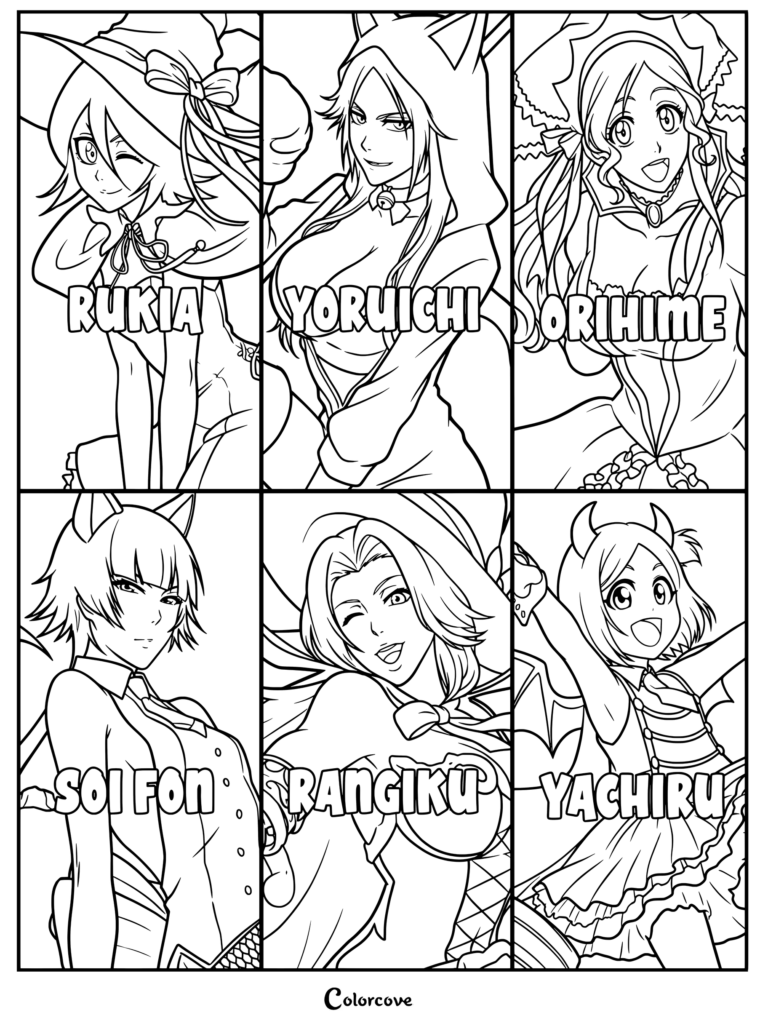 Page de coloriage Bleach mettant en vedette six personnages féminins en costumes sur le thème d'Halloween issus de Brave Souls.