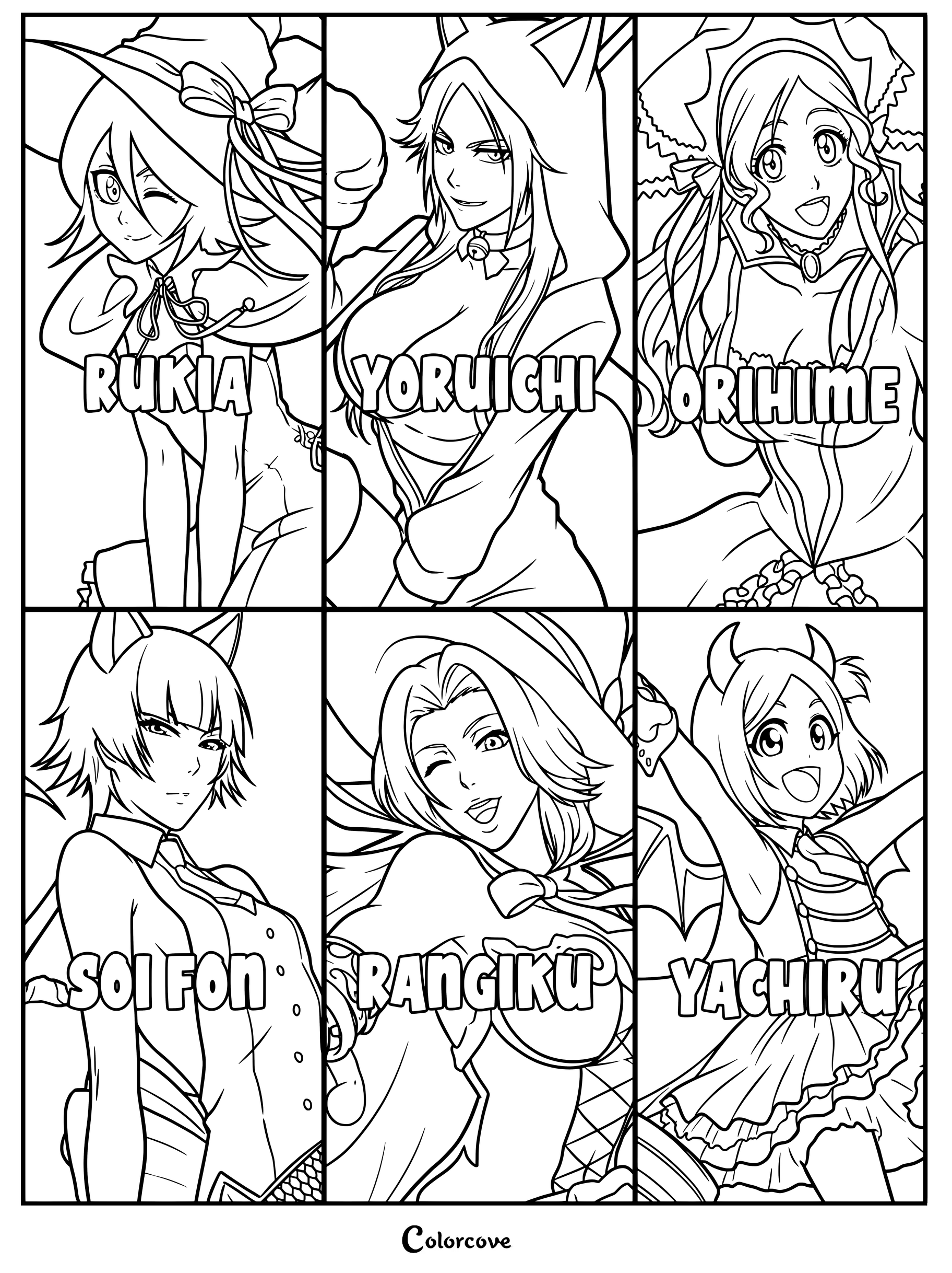 Página para colorear de Bleach con seis personajes femeninos disfrazados con temática de Halloween de Brave Souls.