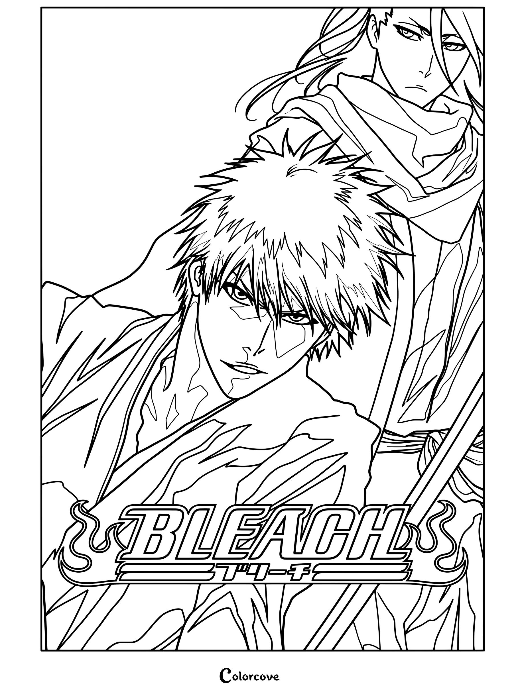 Dibujo para colorear de Bleach con Ichigo Kurosaki en primer plano y Byakuya Kuchiki en el fondo.