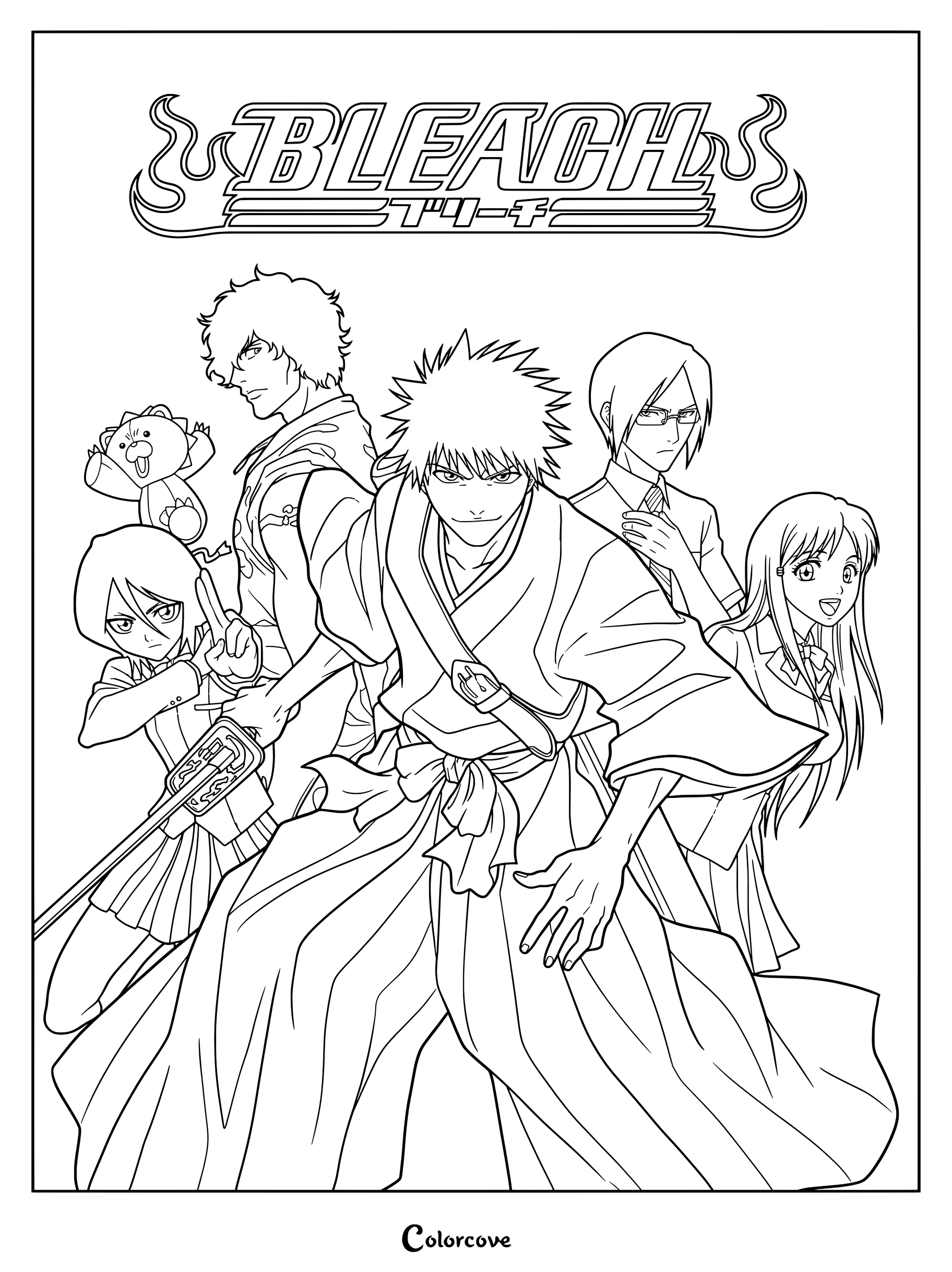 Dibujo para colorear del póster e ilustración principal de la primera temporada de Bleach con personajes principales como Ichigo Kurosaki y Rukia Kuchiki