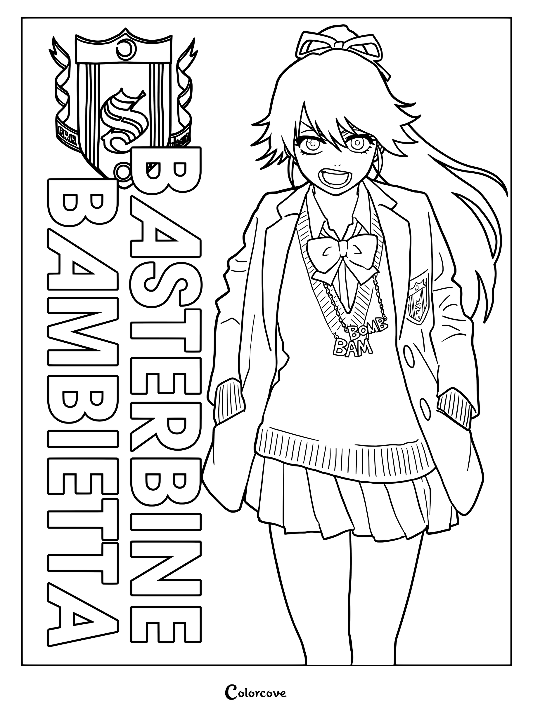 Dibujo para colorear de Bambietta Basterbine de Bleach diseñada con el estilo de ilustración oficial The High School Warfare de Tite Kubo