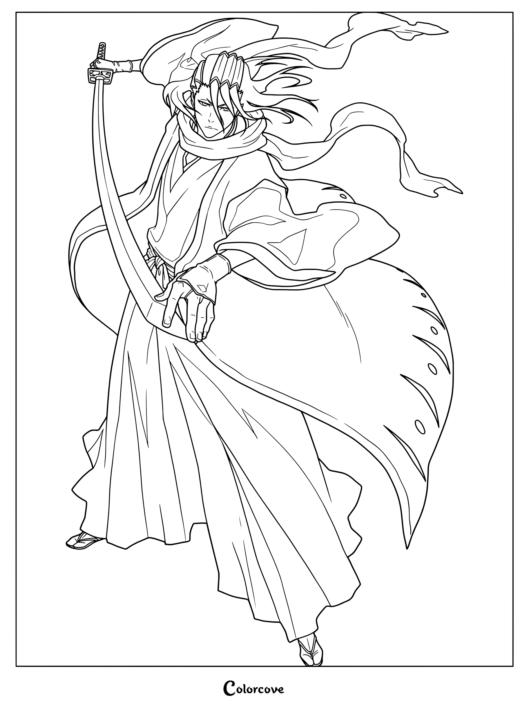 Dibujo para colorear e imprimir de Byakuya Kuchiki desenvainando su espada, de la serie de anime Bleach.