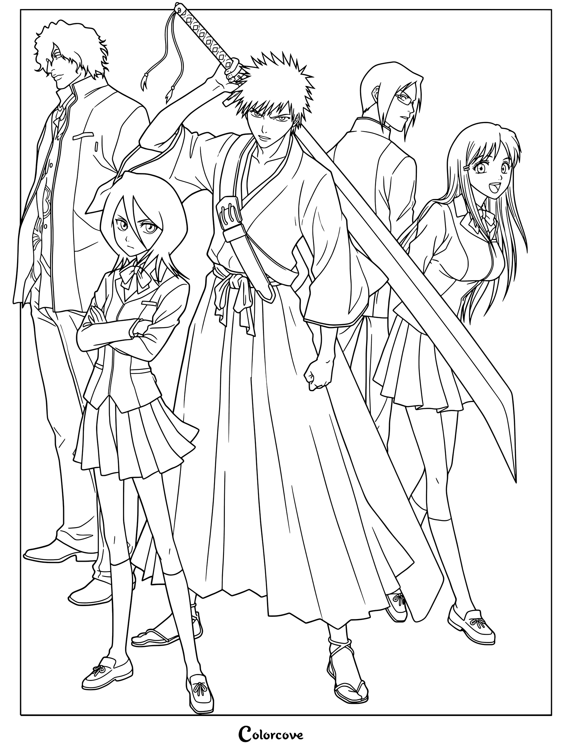 Dibujo para colorear de Bleach con arte promocional inicial de Ichigo Kurosaki en su forma de Shinigami junto a Rukia Kuchiki, Yasutora "Chad" Sado y Uryū Ishida.