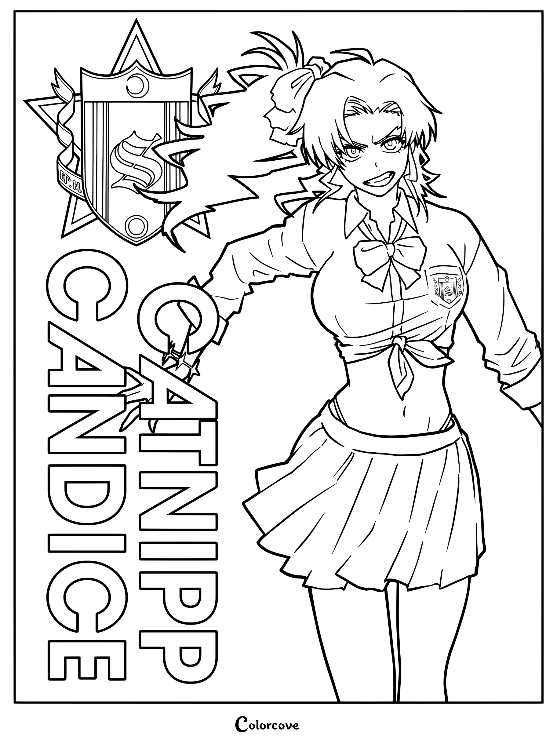 Dibujo para colorear de Bleach con Candice Catnipp luciendo un uniforme de High School Warfare con un escudo.