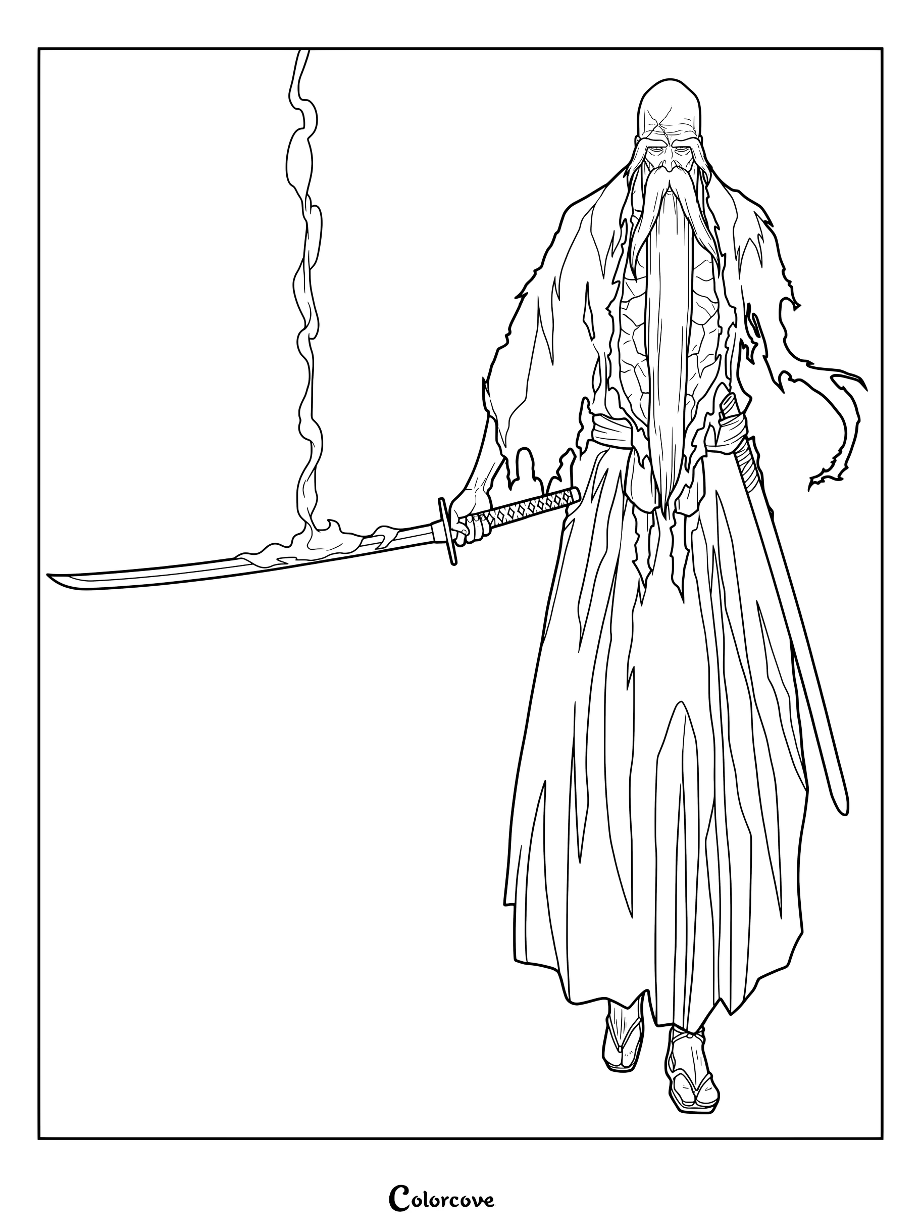 Dibujo para colorear de Bleach de Genryūsai Shigekuni Yamamoto usando su Bankai Zanka no Tachi.
