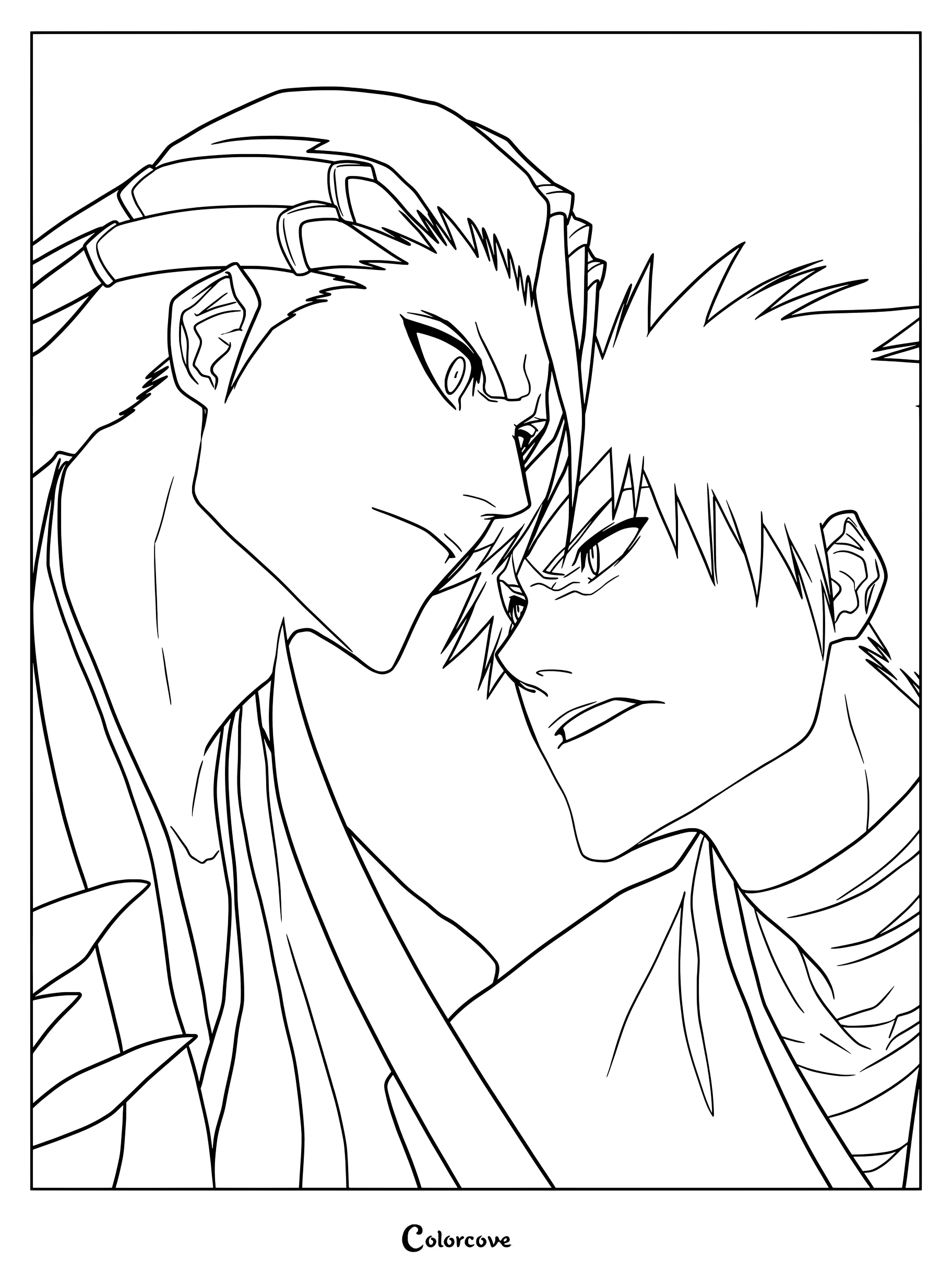 Dibujo para colorear del intenso enfrentamiento entre Ichigo Kurosaki y Byakuya Kuchiki de Bleach