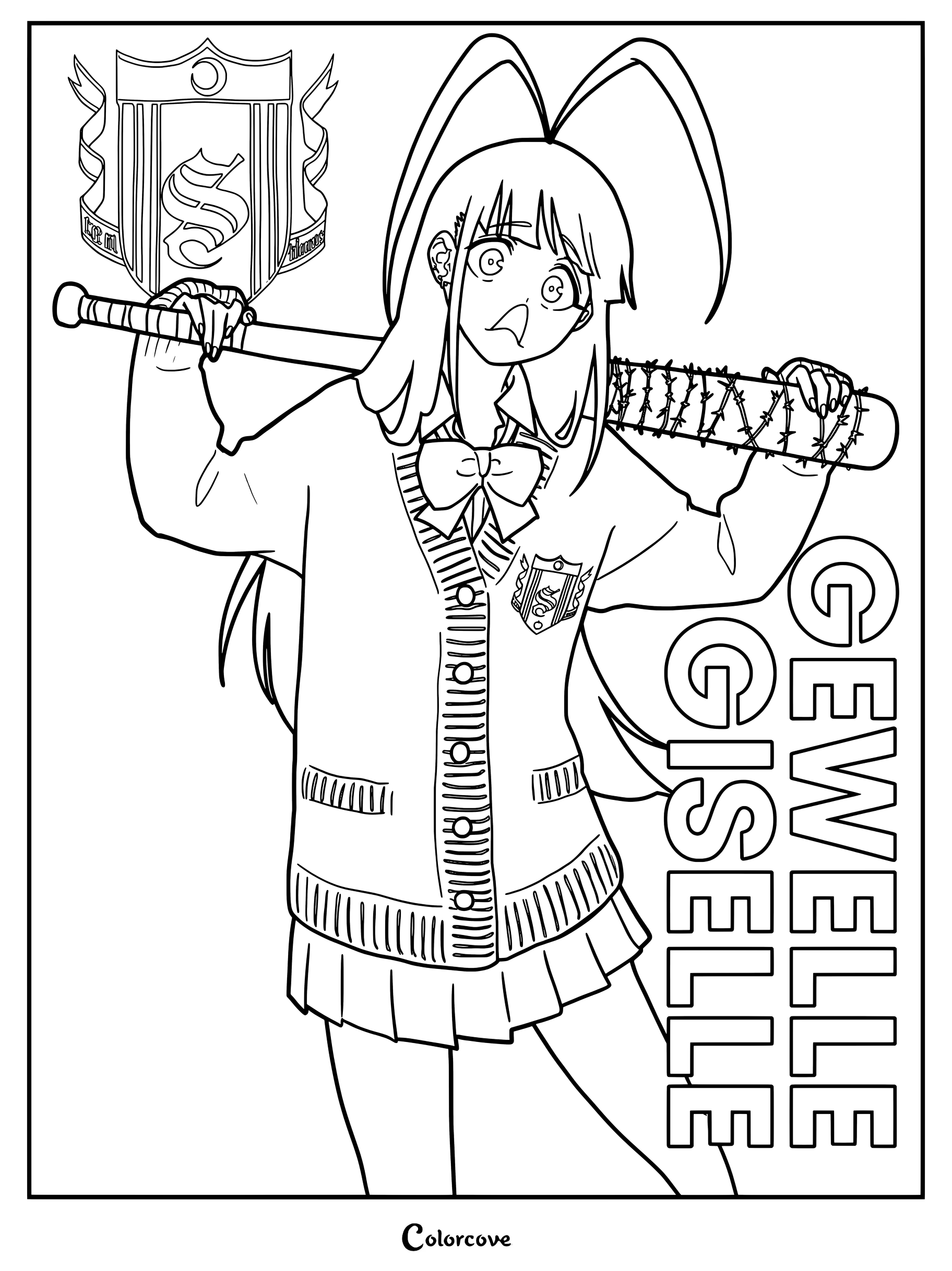 Dibujo para colorear de Giselle Gewelle sosteniendo un bate de alambre de espino de Bleach en The High School Warfare
