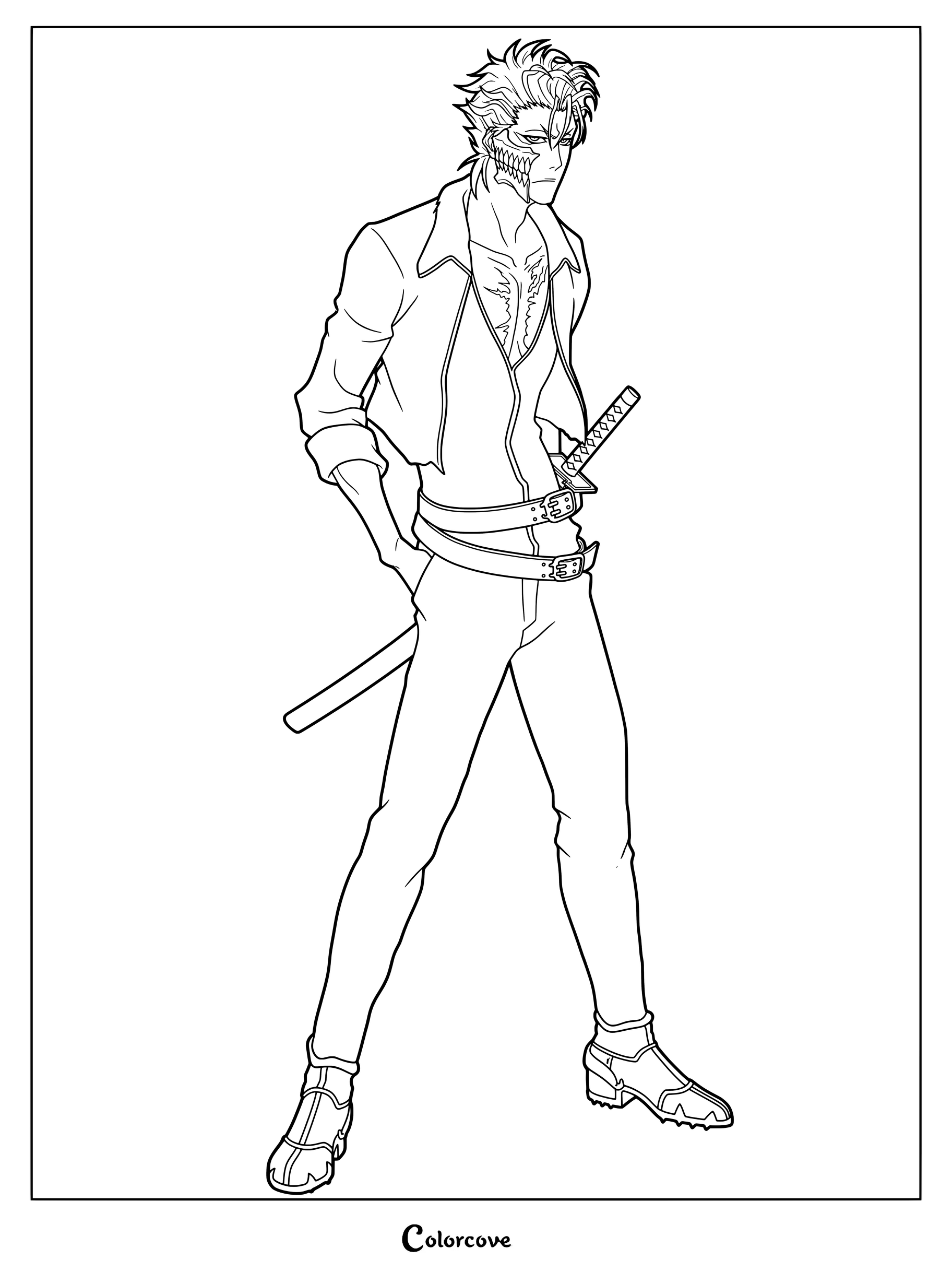 Dibujo para colorear e imprimir de Grimmjow Jaegerjaquez de Bleach con pelo azul, máscara parcial de Hollow y chaqueta blanca y negra.
