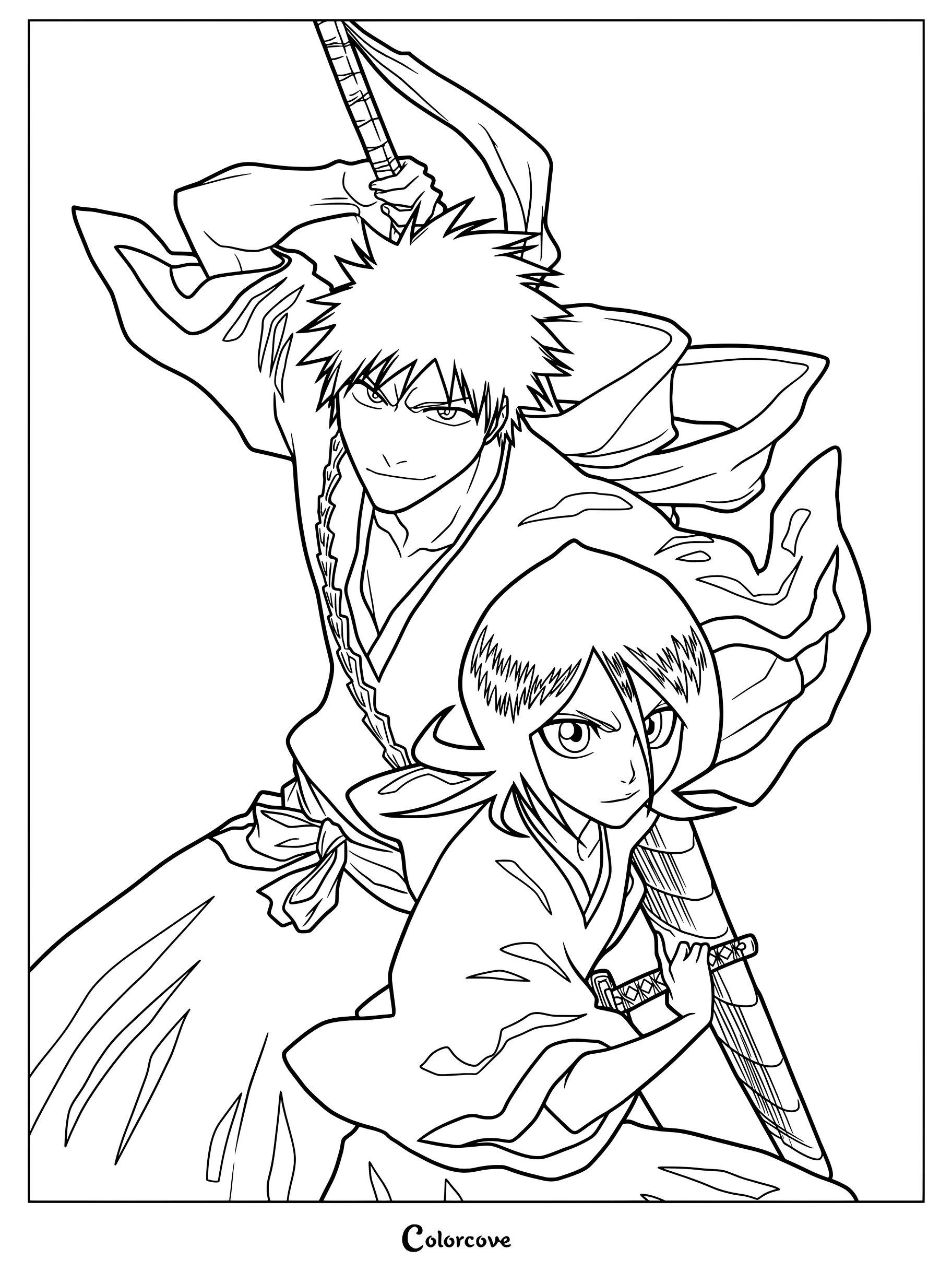 Dibujo para colorear de Ichigo Kurosaki y Rukia Kuchiki de Bleach, obra de Tite Kubo.