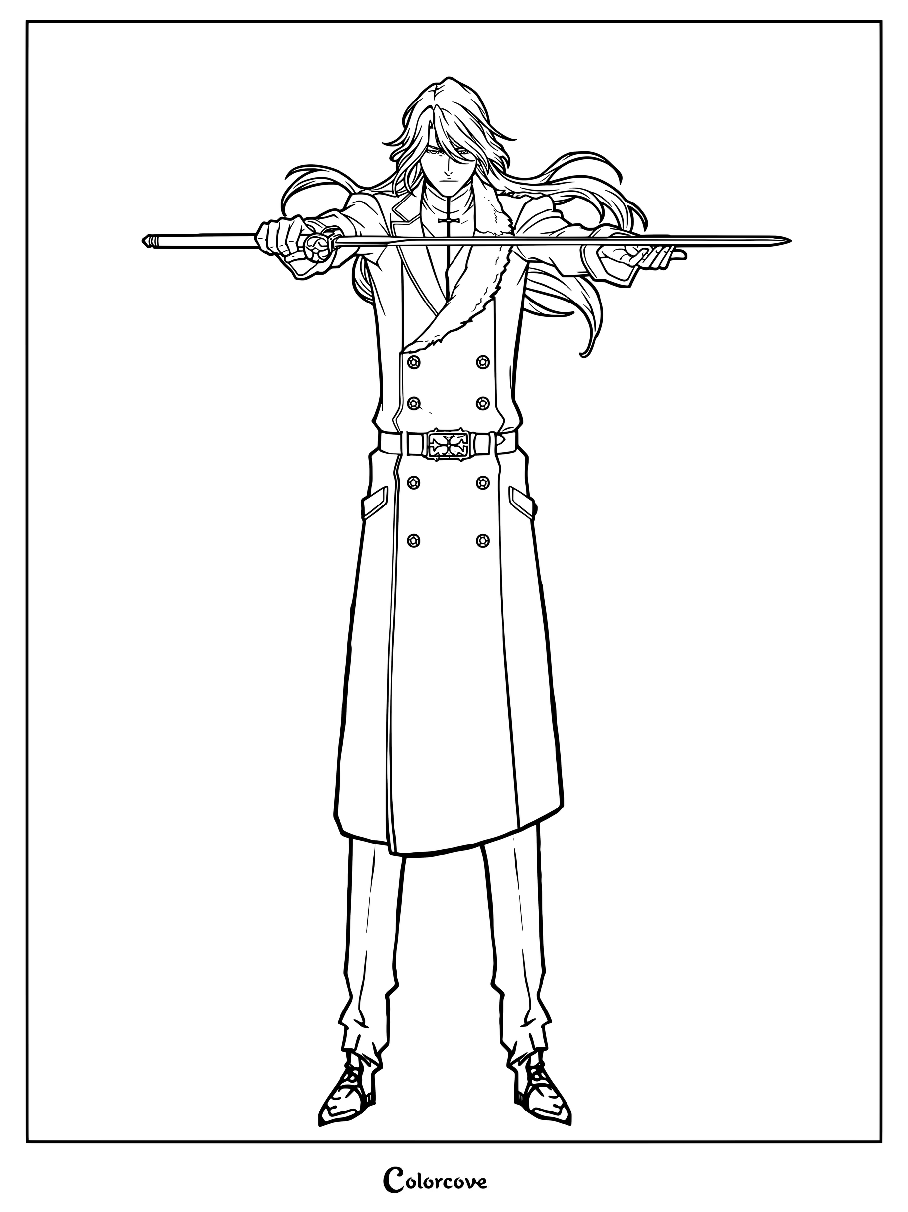 Dibujo para colorear de Bleach con Jugram Haschwalth sosteniendo su espada en posición horizontal.