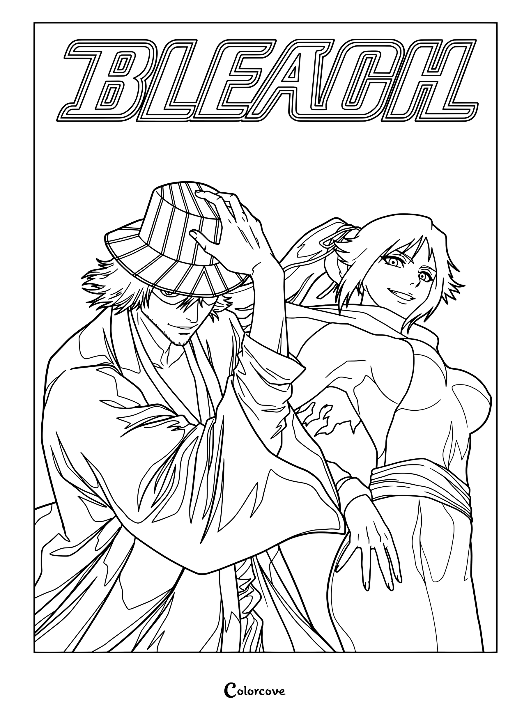 Kisuke Urahara ajustando su sombrero junto a Yoruichi Shihōin en un dibujo para colorear e imprimir de Bleach.