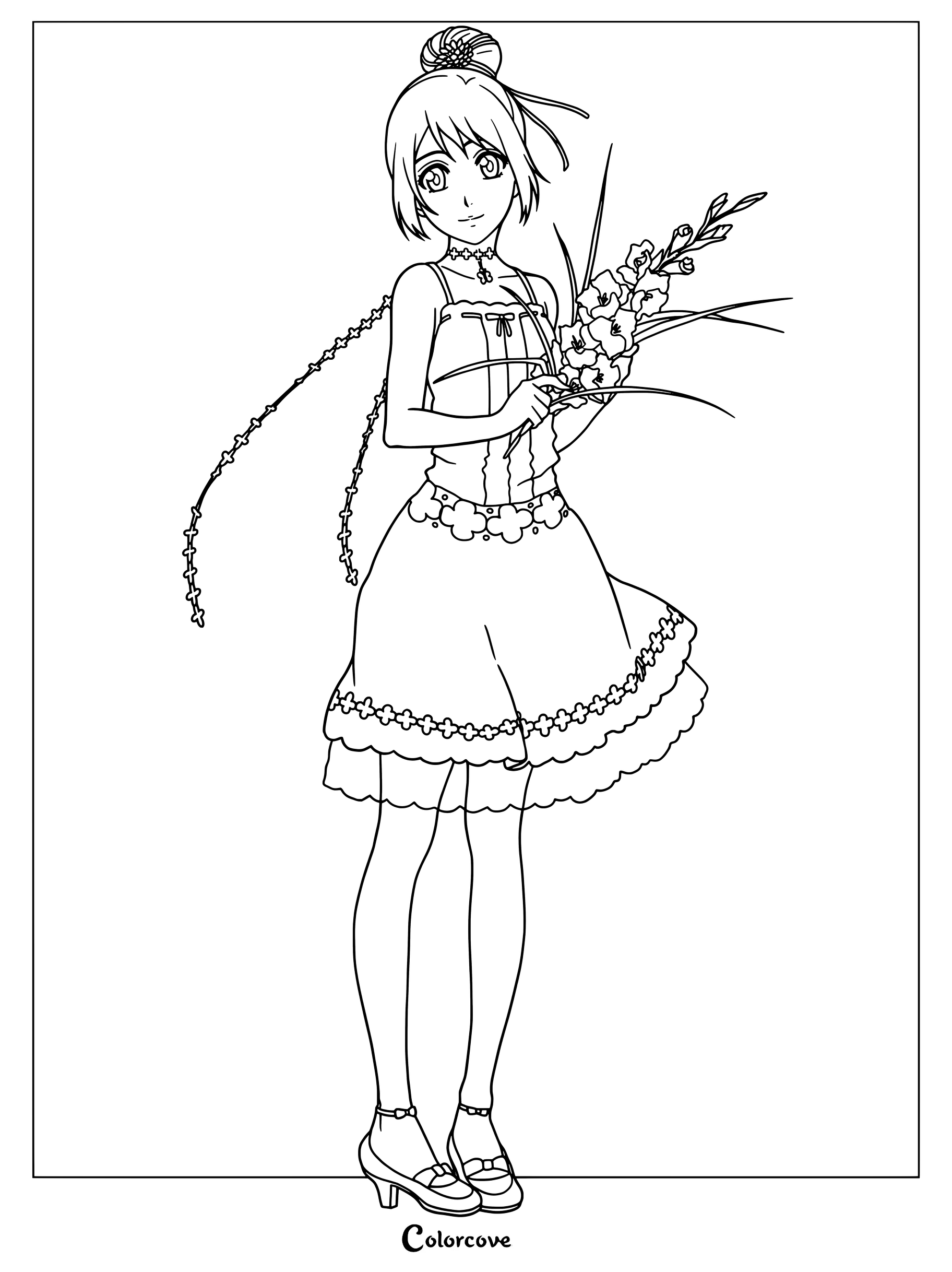 Dibujo para colorear de Bleach de Momo Hinamori con un vestido blanco de verano y sosteniendo flores amarillas.