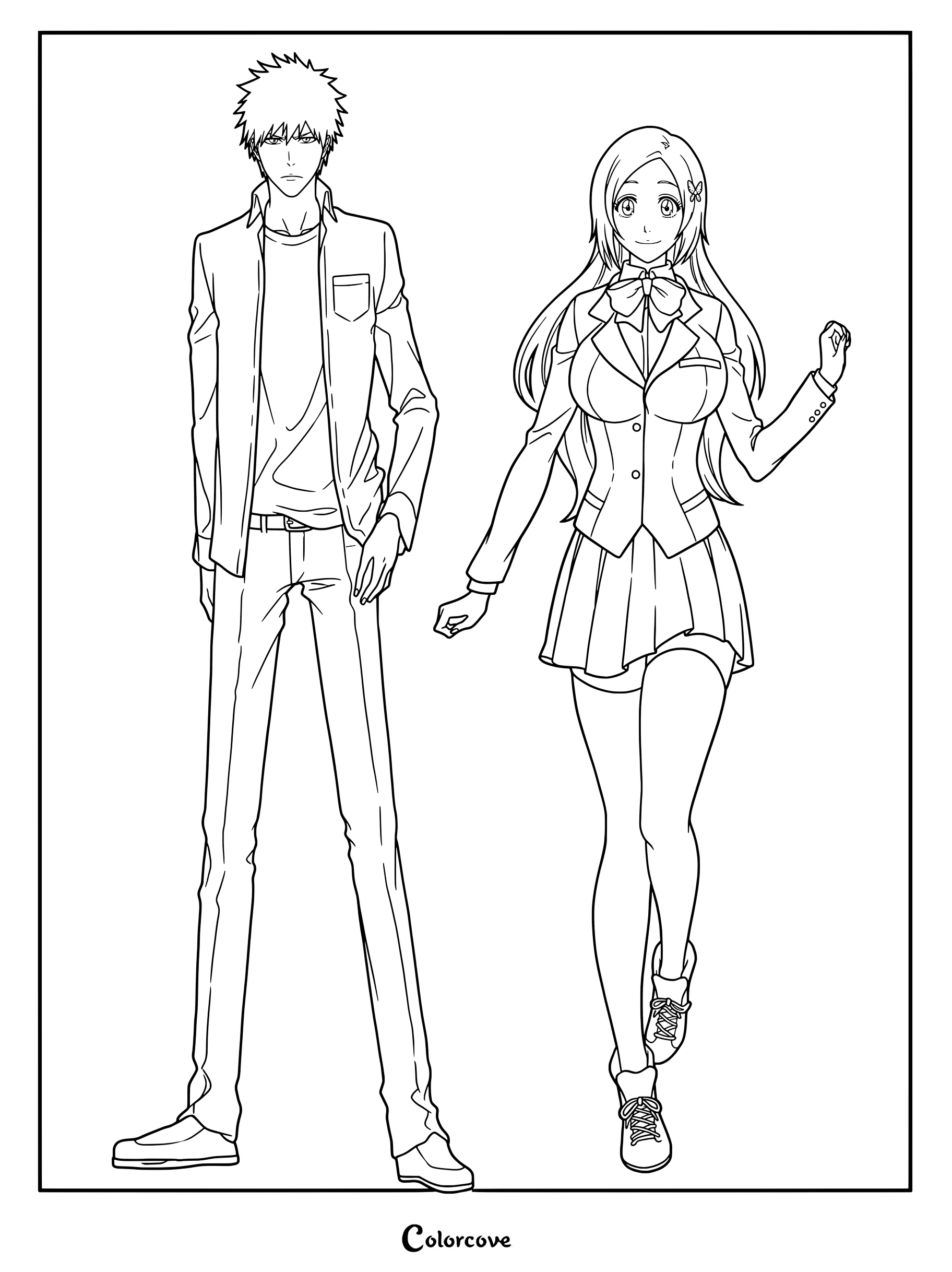 Dibujo para colorear de Bleach con Ichigo Kurosaki y Orihime Inoue con ropa informal de adultos.