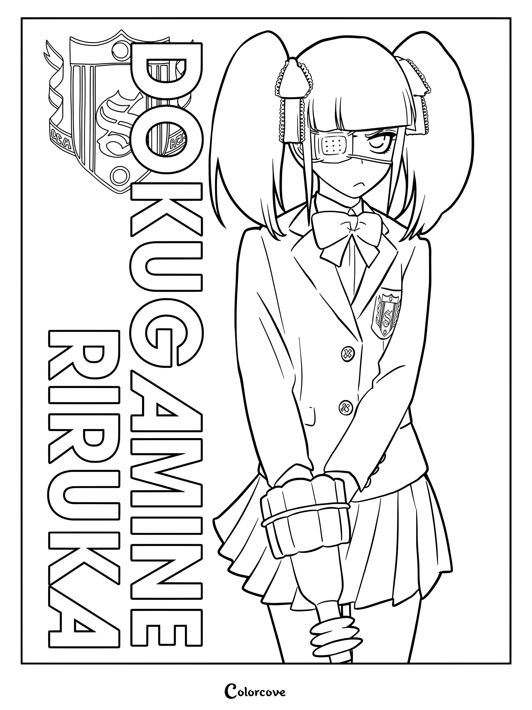 Dibujo para colorear de Bleach con Riruka Dokugamine con uniforme escolar, coletas rosas y un parche en el ojo.