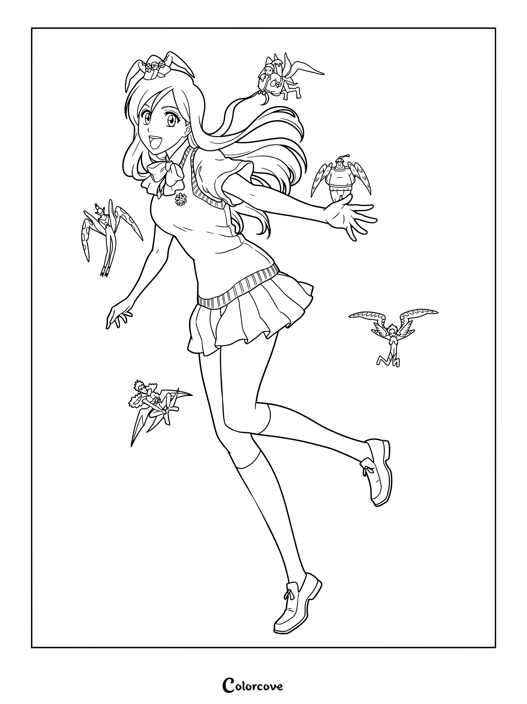 Dibujo para colorear de Orihime Inoue de Bleach, rodeada por las manifestaciones de su poder espiritual conocidas como Shun Shun Rikka.
